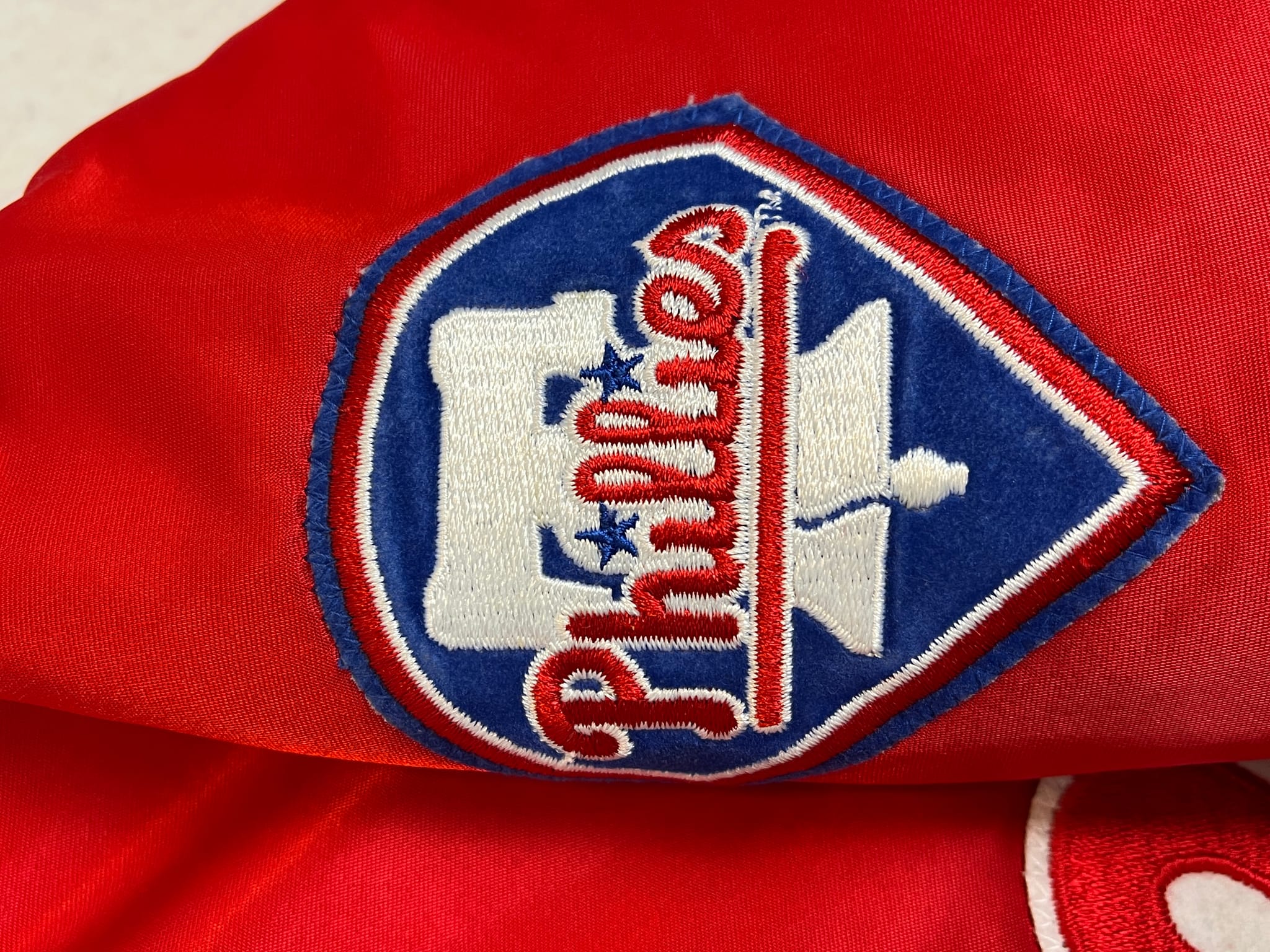 435601 (90s) Philadelphia Phillies Starter Satin Red Bomber Jacket