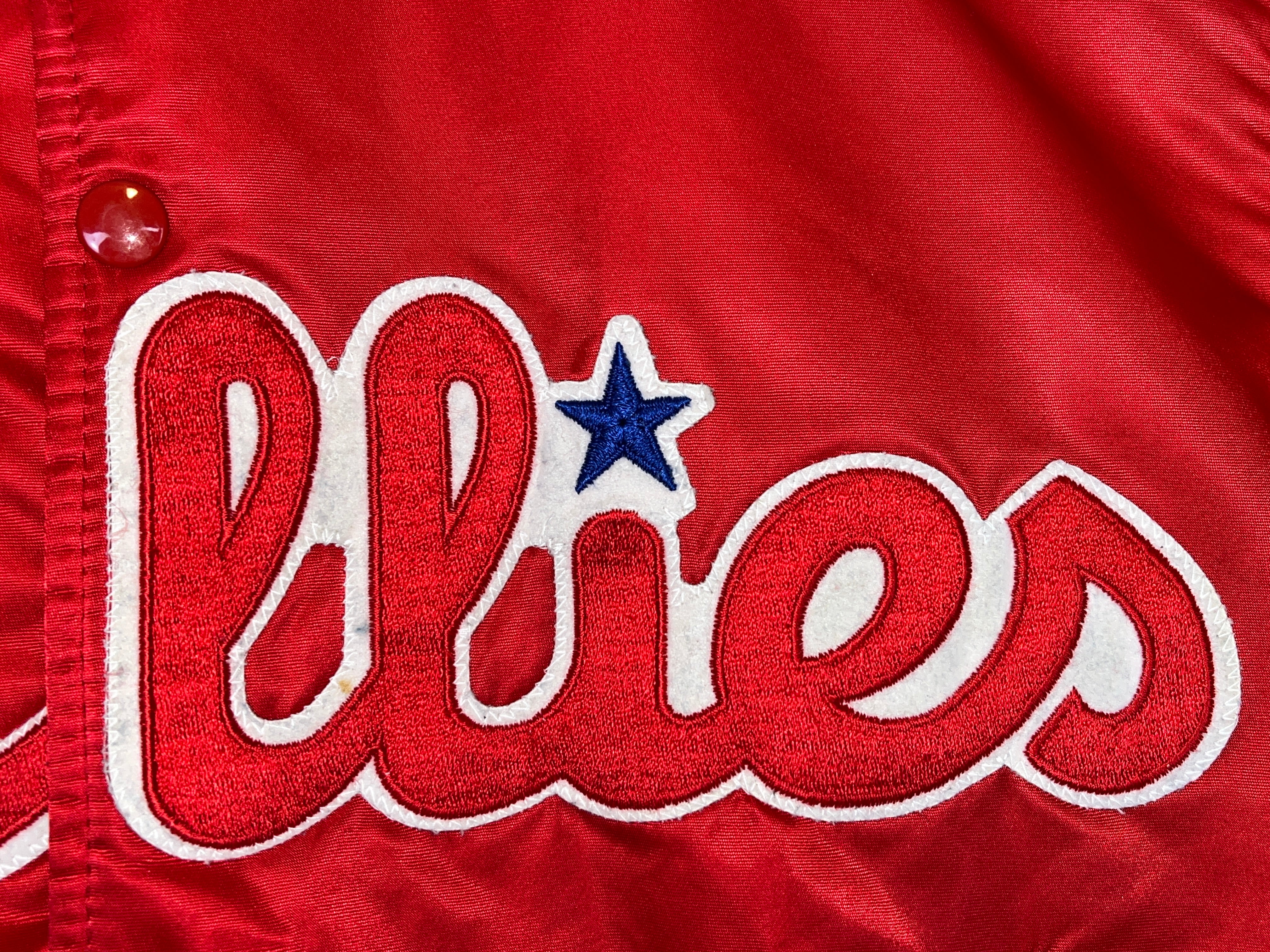 435601 (90s) Philadelphia Phillies Starter Satin Red Bomber Jacket
