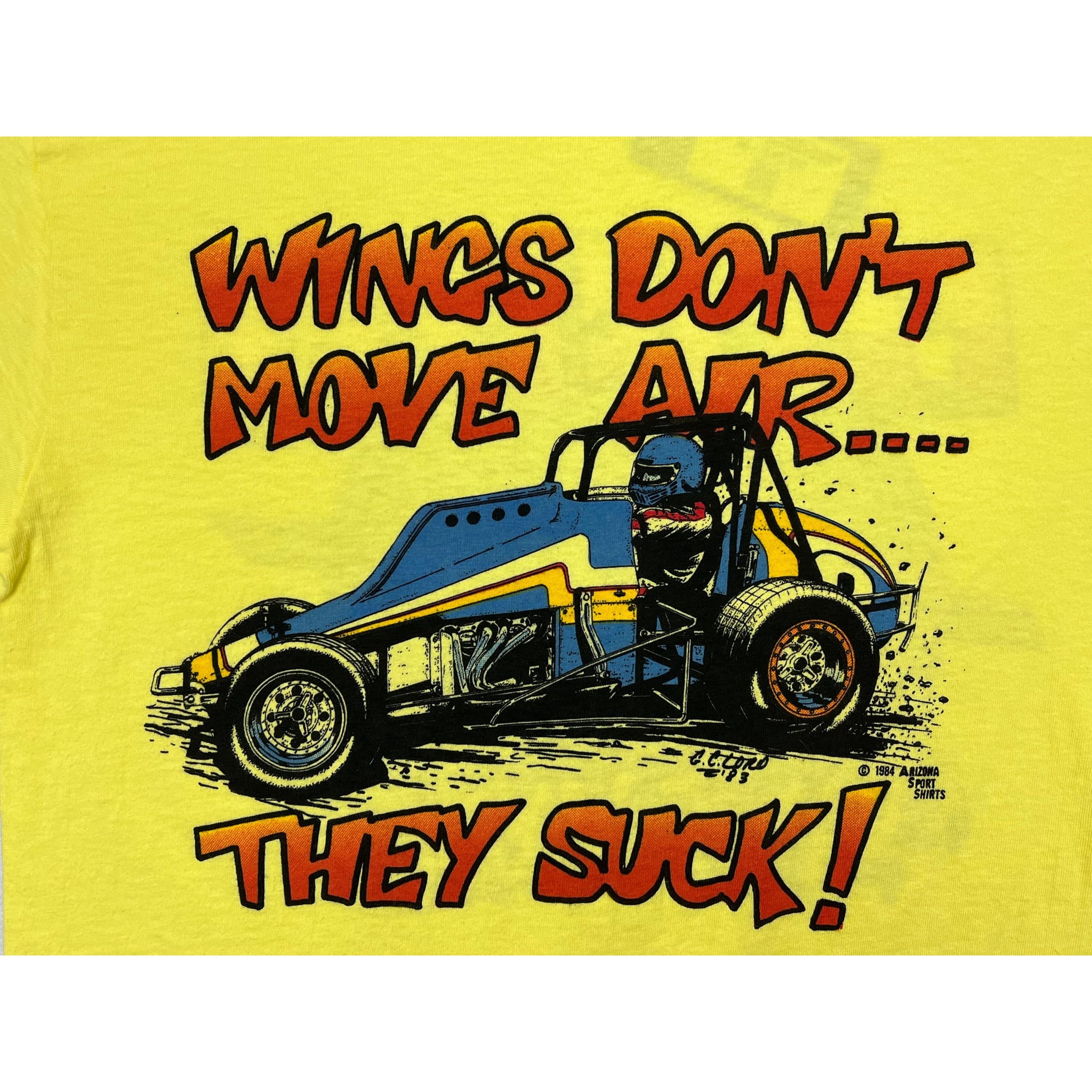268889 (1984) Wings Don't Move Air, They Suck Sprint Car Racing Yellow T-Shirt m