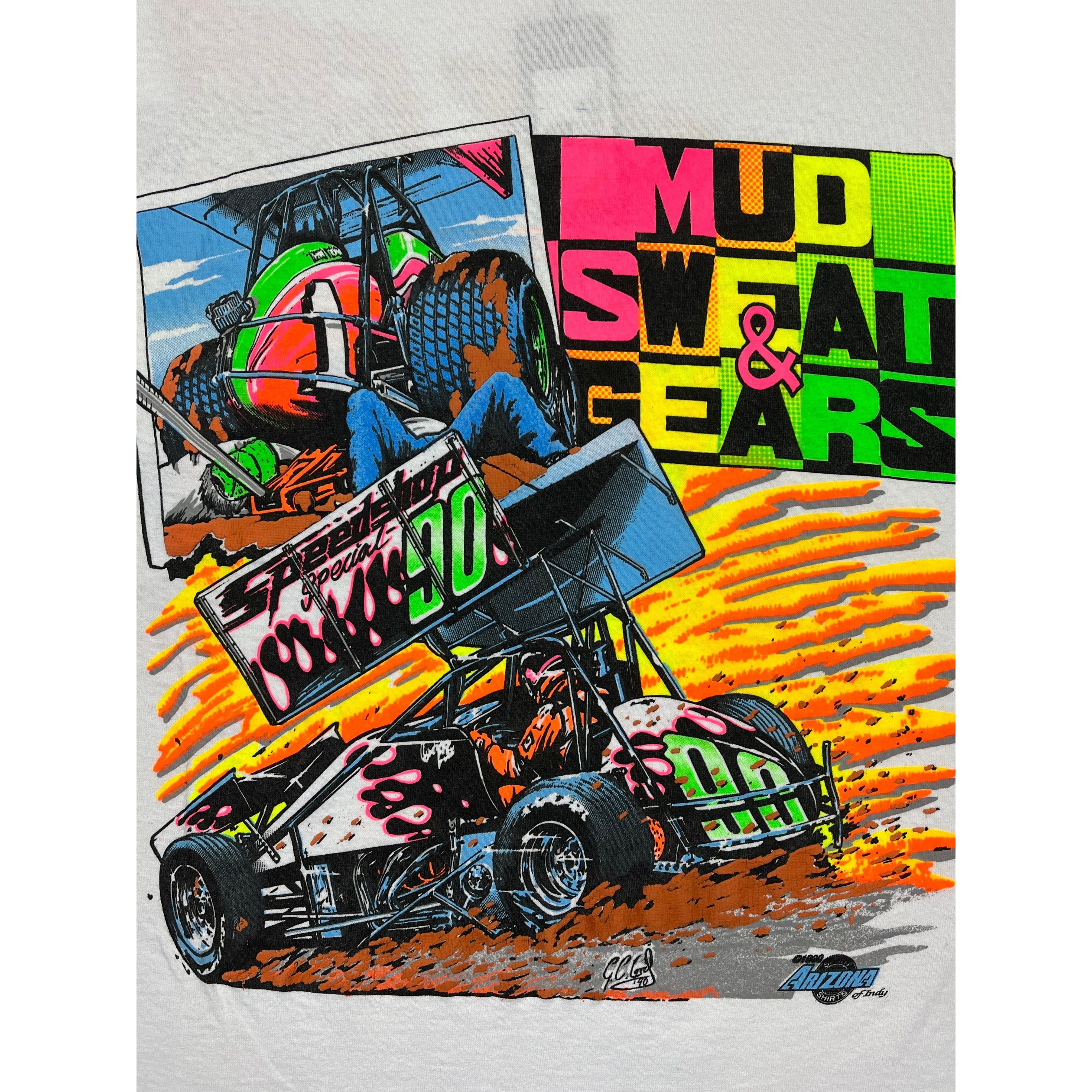 268980 (1990) Mud, Sweat, & Gears Sprint Car Dirt Racing White T-Shirt