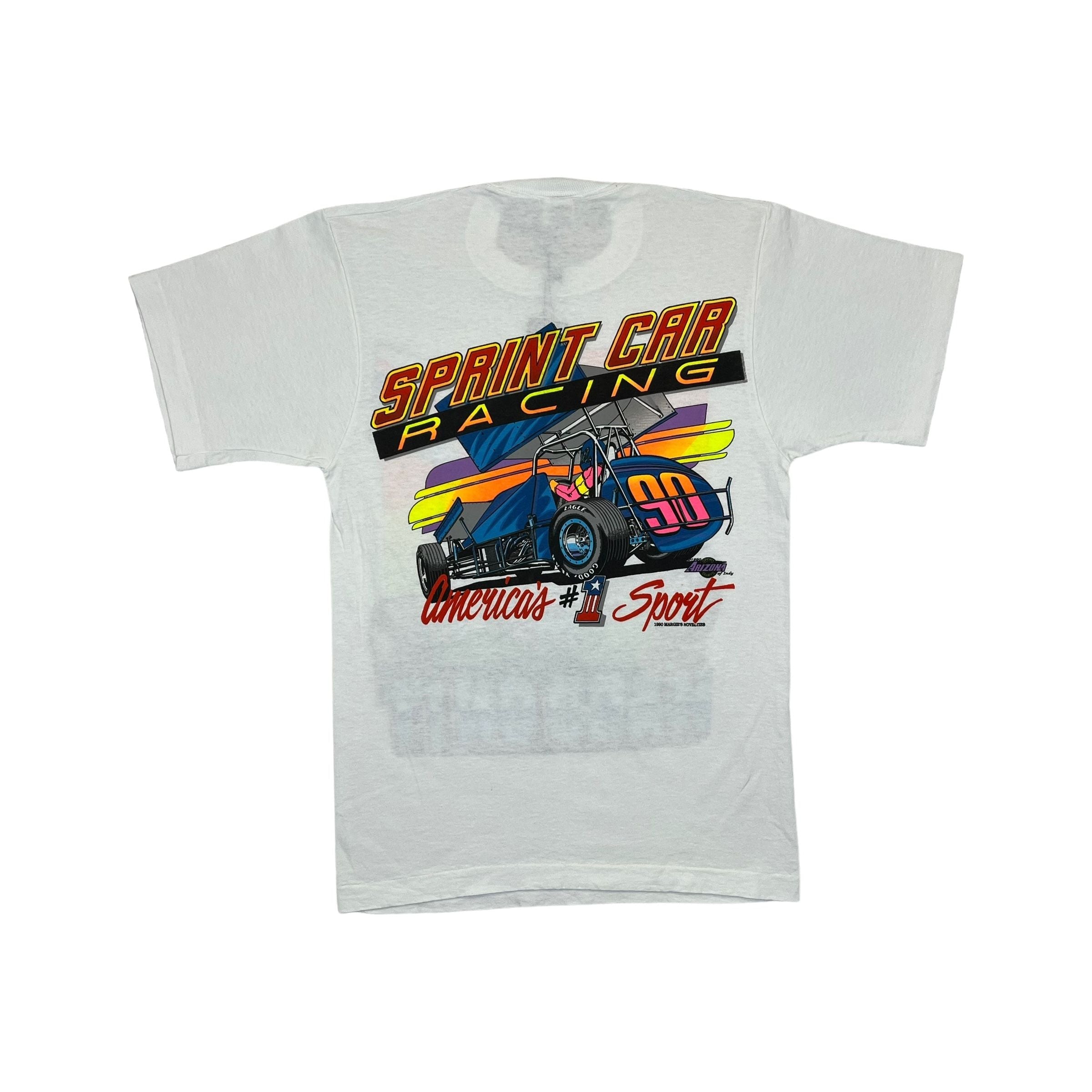 268958 (1990) Hard On It, Sprint Car Racing Double Sided White T-Shirt