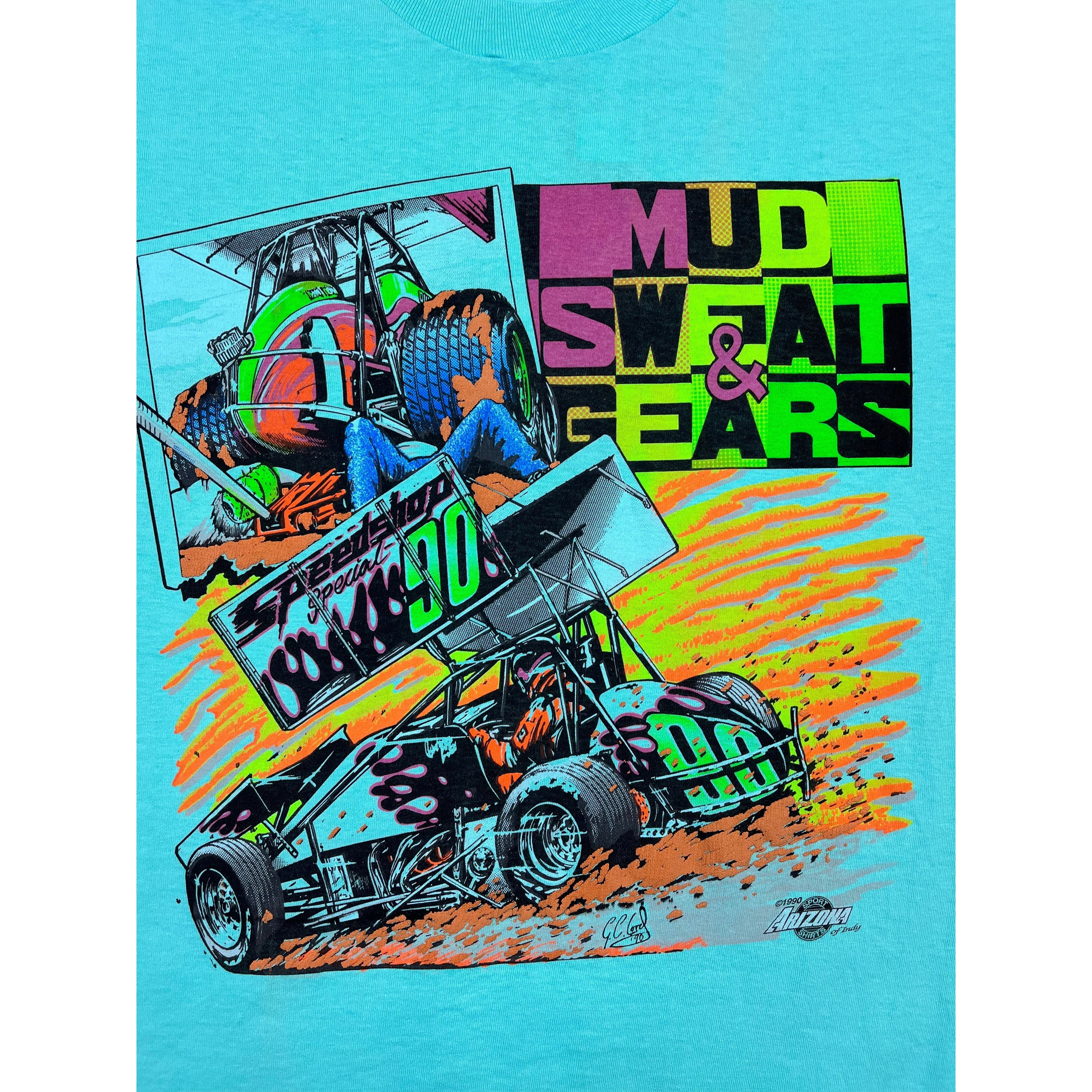 268987 (1990) Mud, Sweat, & Gears Sprint Car Dirt Racing Sea Green T-Shirt