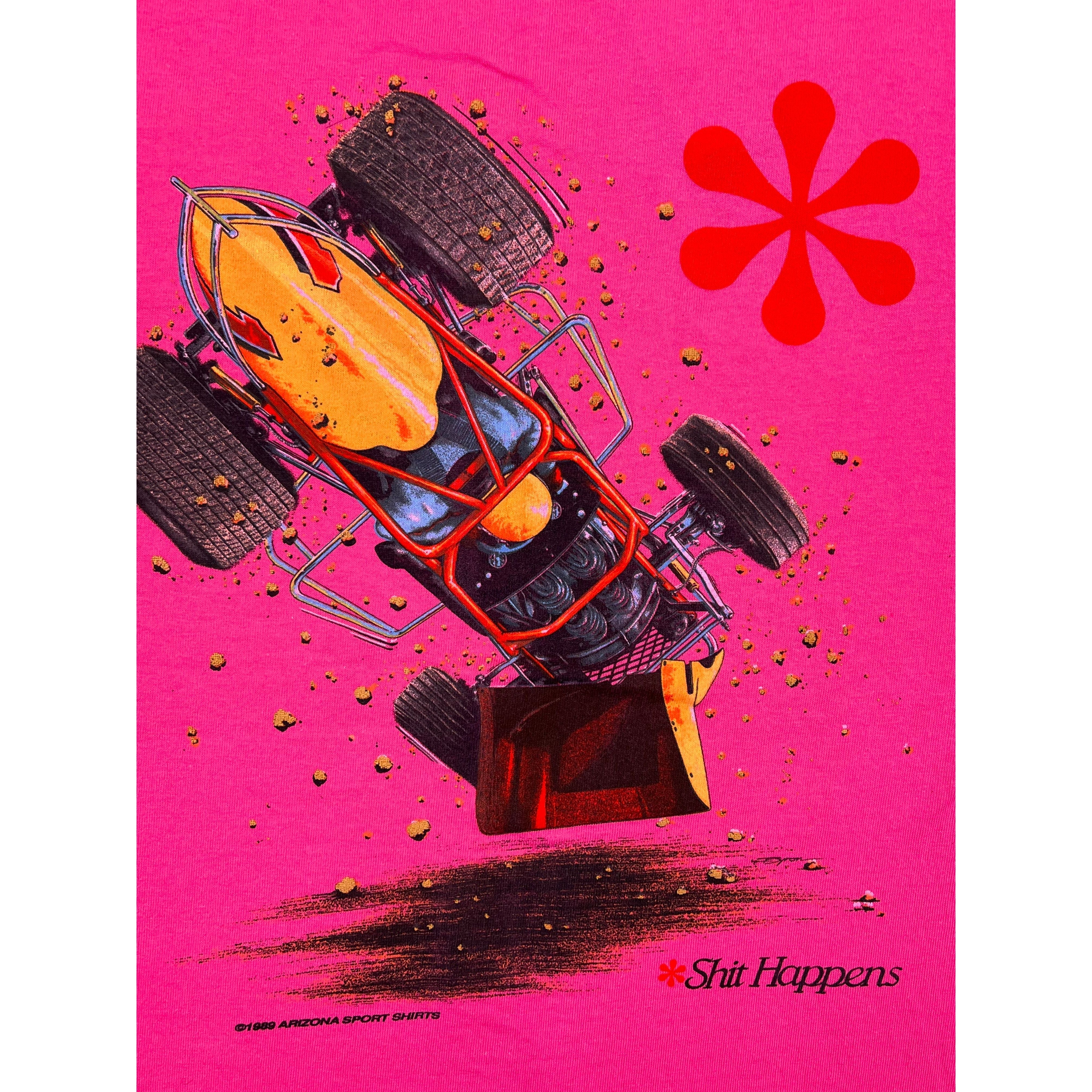 337878 (1990) Shit Happens, Sprint Car Racing Double Sided Dark Pink T-Shirt m