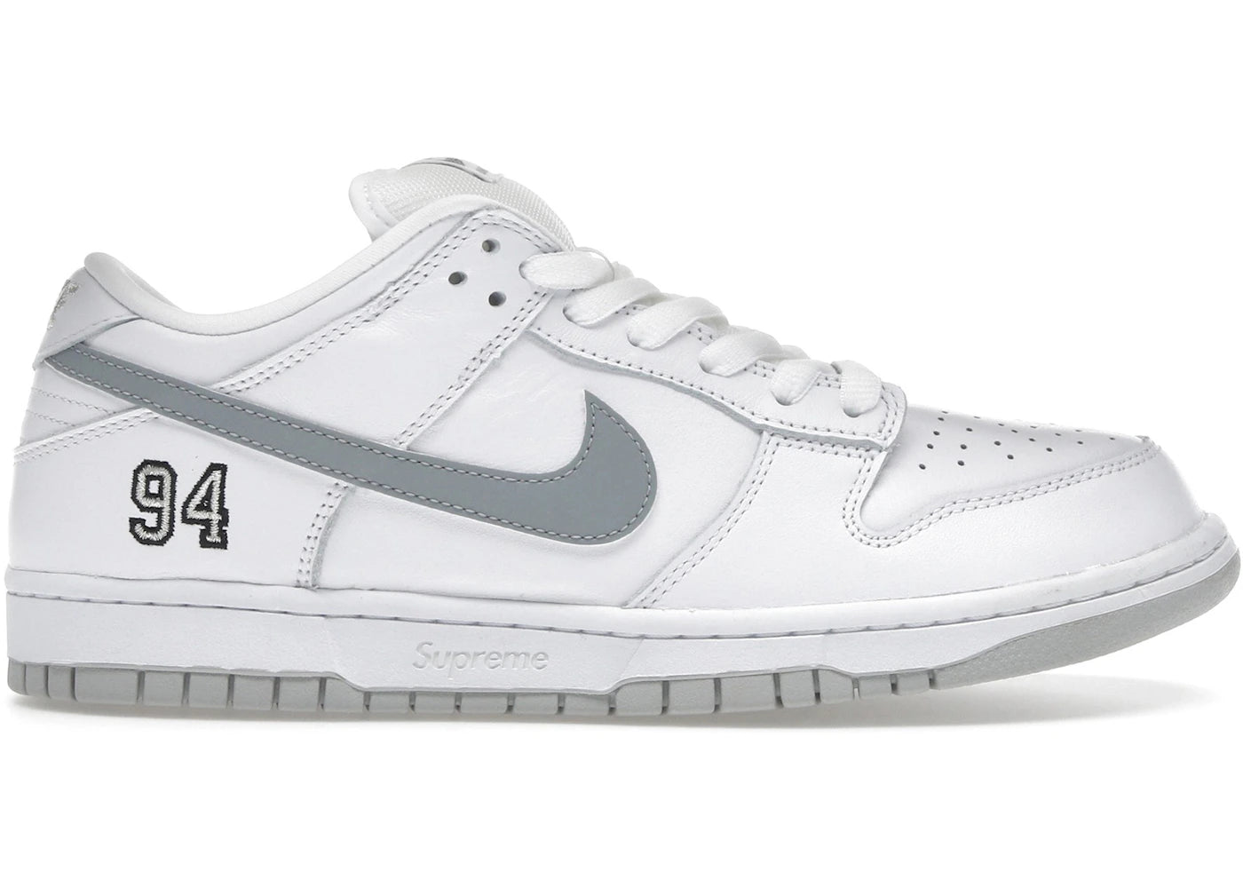 656100 Nike SB Dunk Low Supreme 94 White Metallic Silver