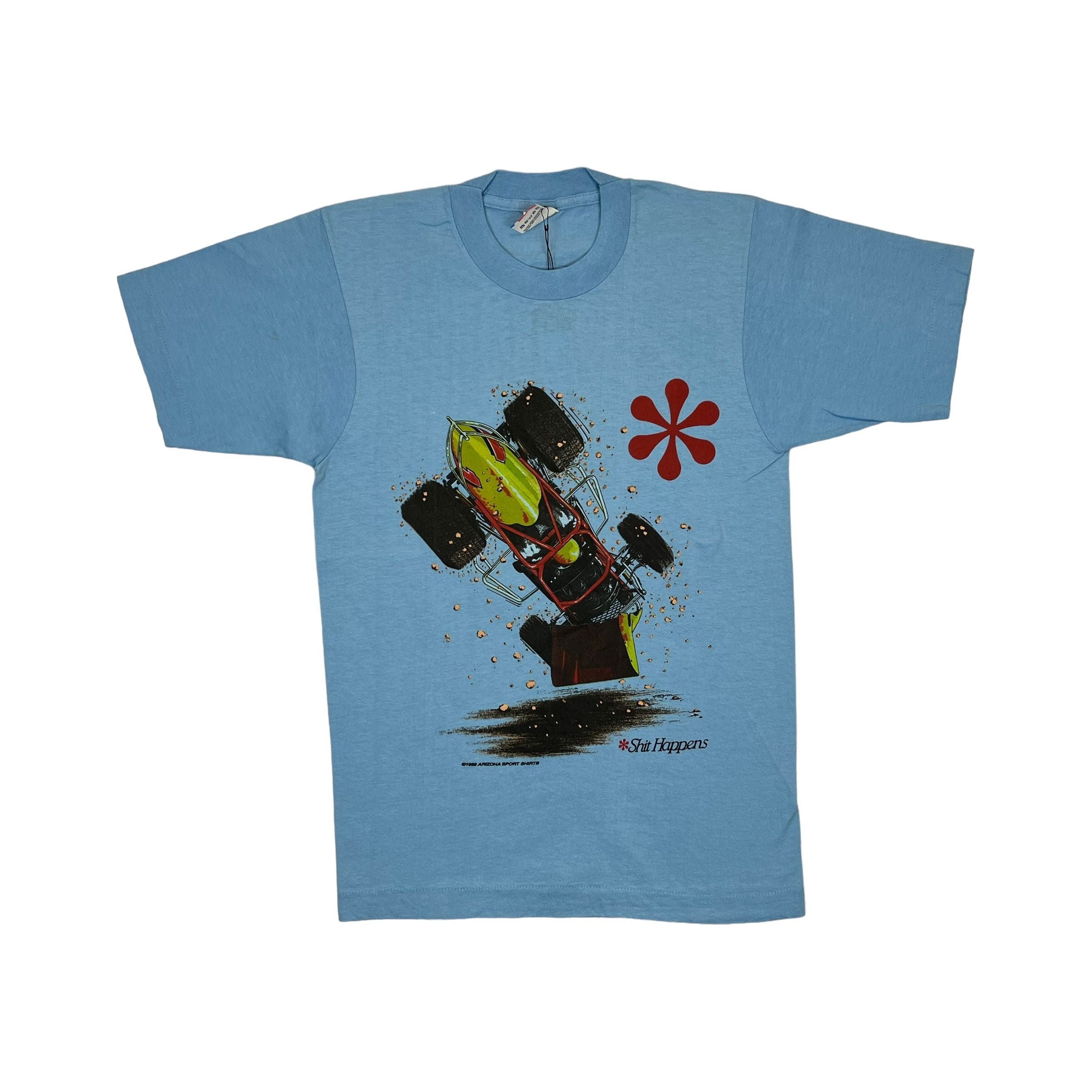 269044 (1990) Shit Happens, Sprint Car Racing Double Sided Baby Blue T-Shirt