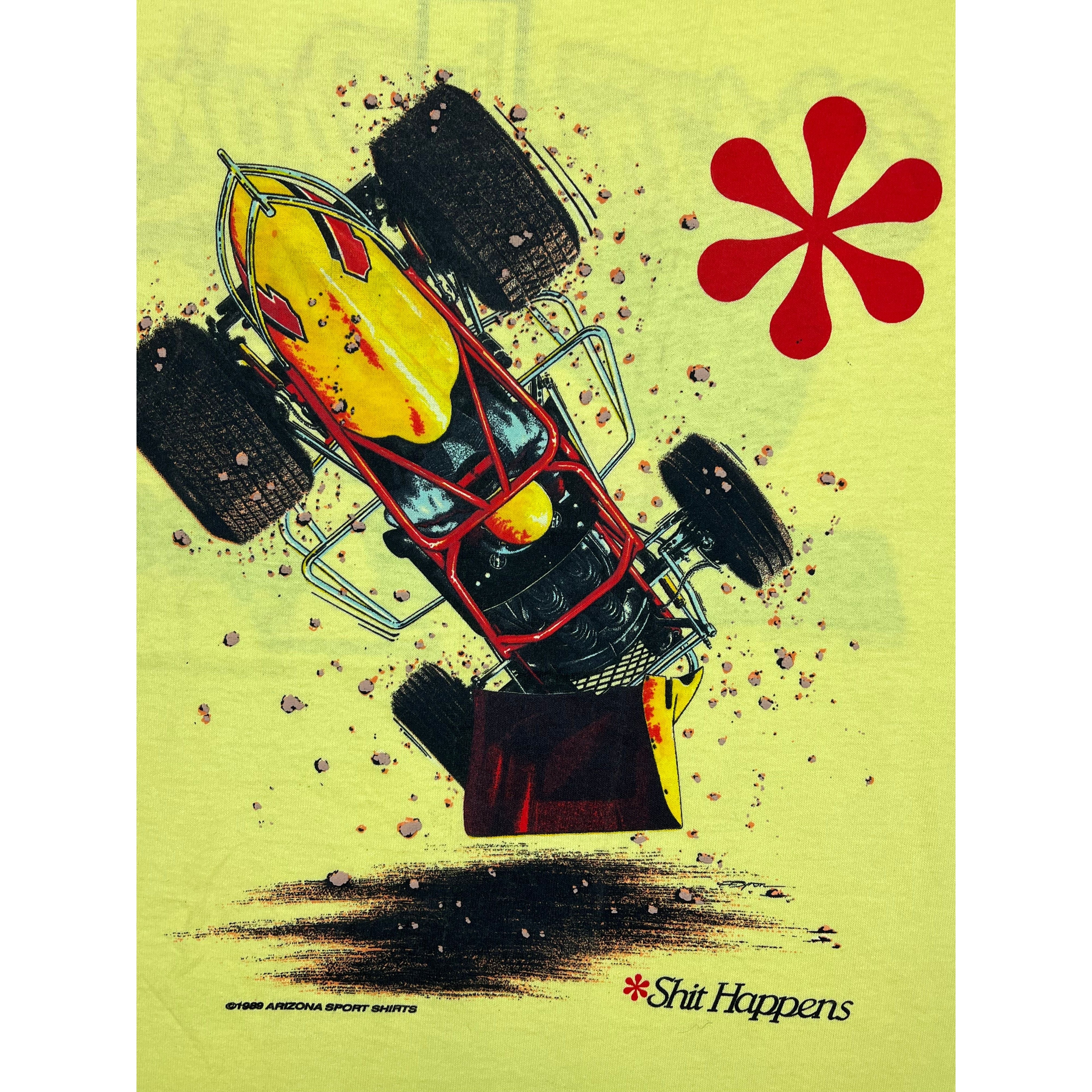 269029 (1990) Shit Happens, Sprint Car Racing Double Sided Yellow T-Shirt m