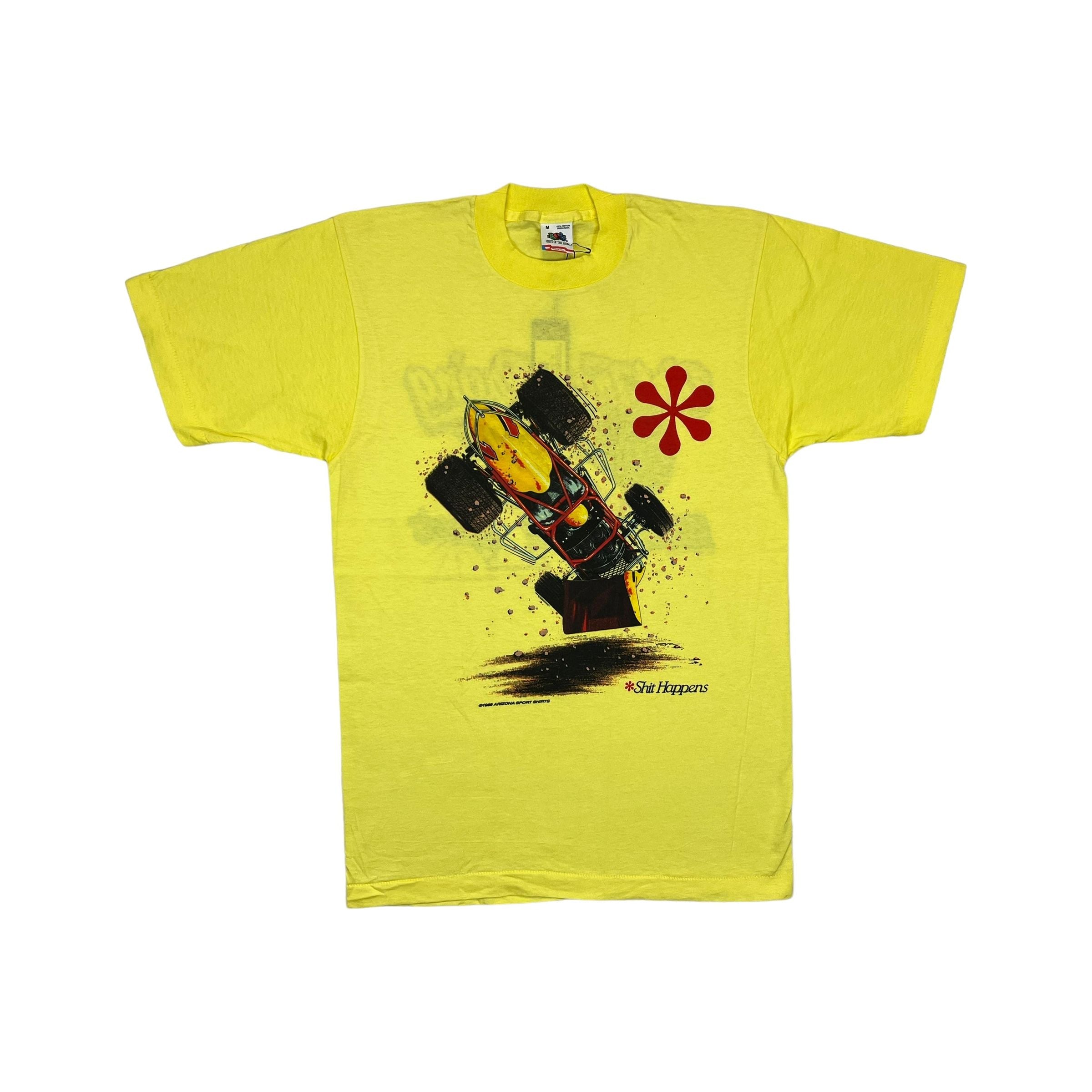 269027 (1990) Shit Happens, Sprint Car Racing Double Sided Yellow T-Shirt m