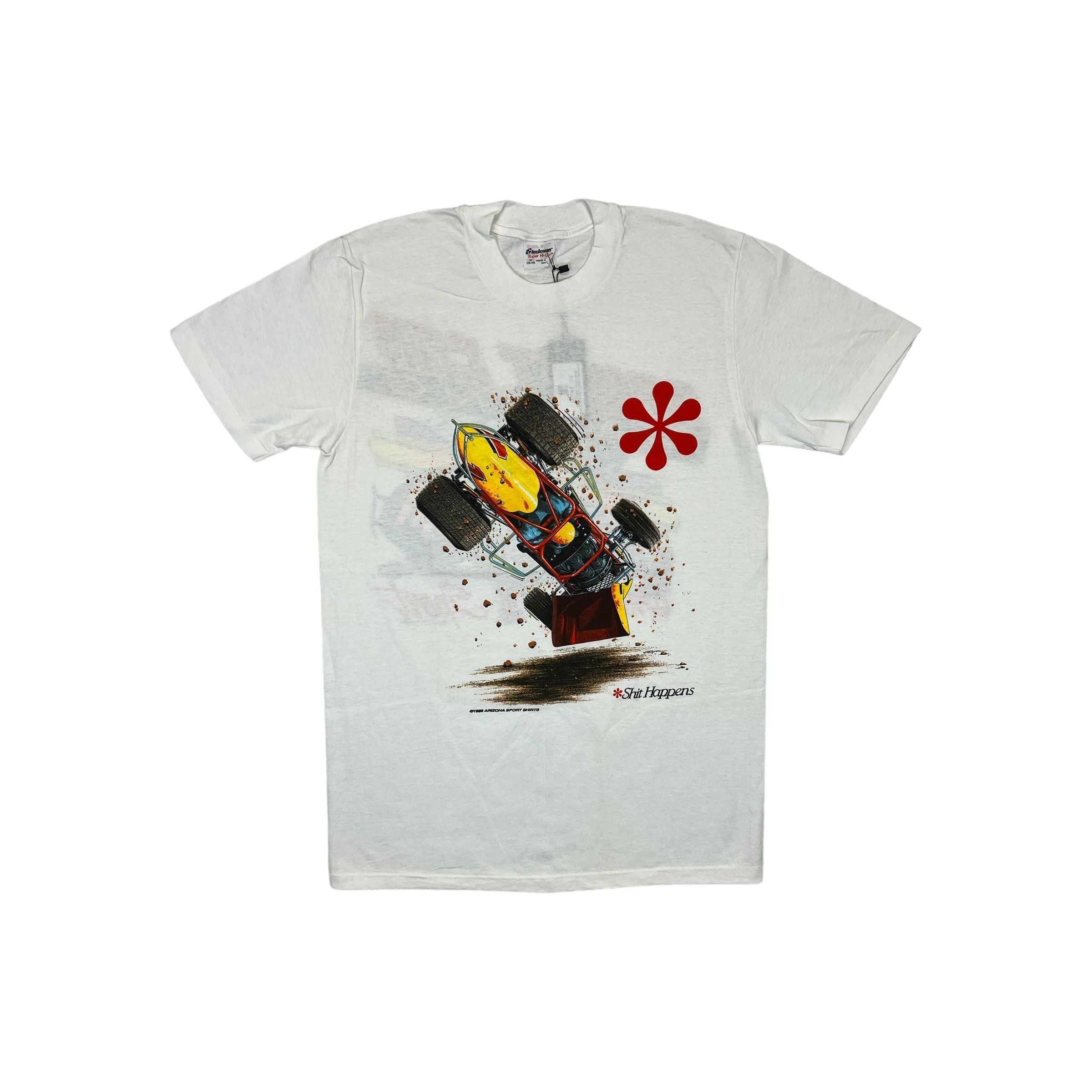 269030 (1990) Shit Happens, Sprint Car Racing Double Sided White T-Shirt