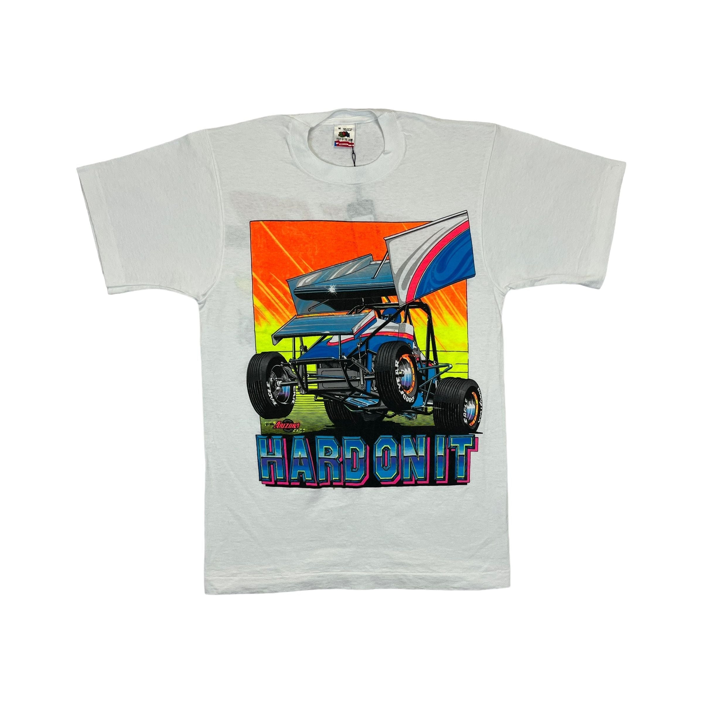 268958 (1990) Hard On It, Sprint Car Racing Double Sided White T-Shirt