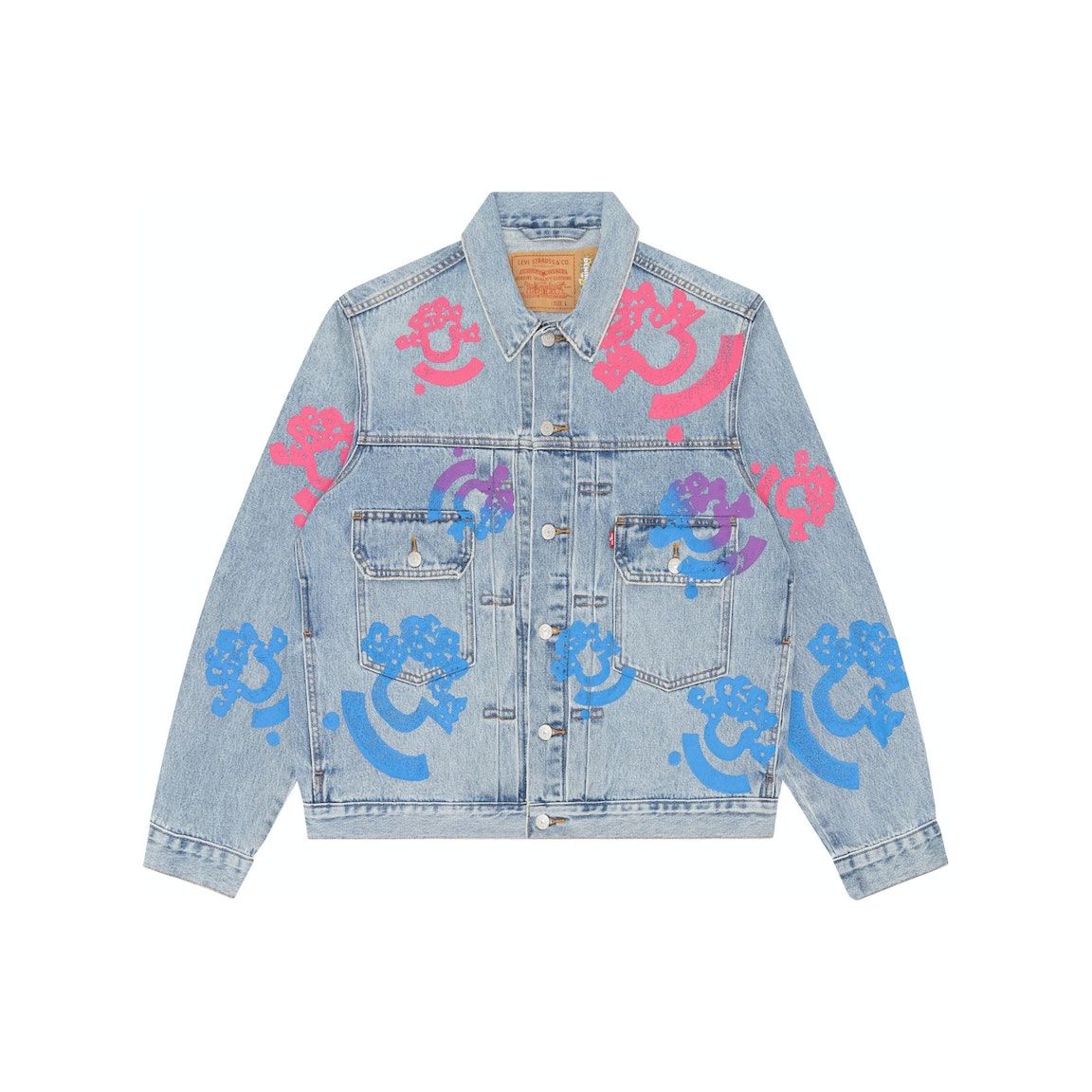 349244 Denim Tears Bstroy Tears Type-2 Light Wash Denim Trucker Jacket Pink/Green