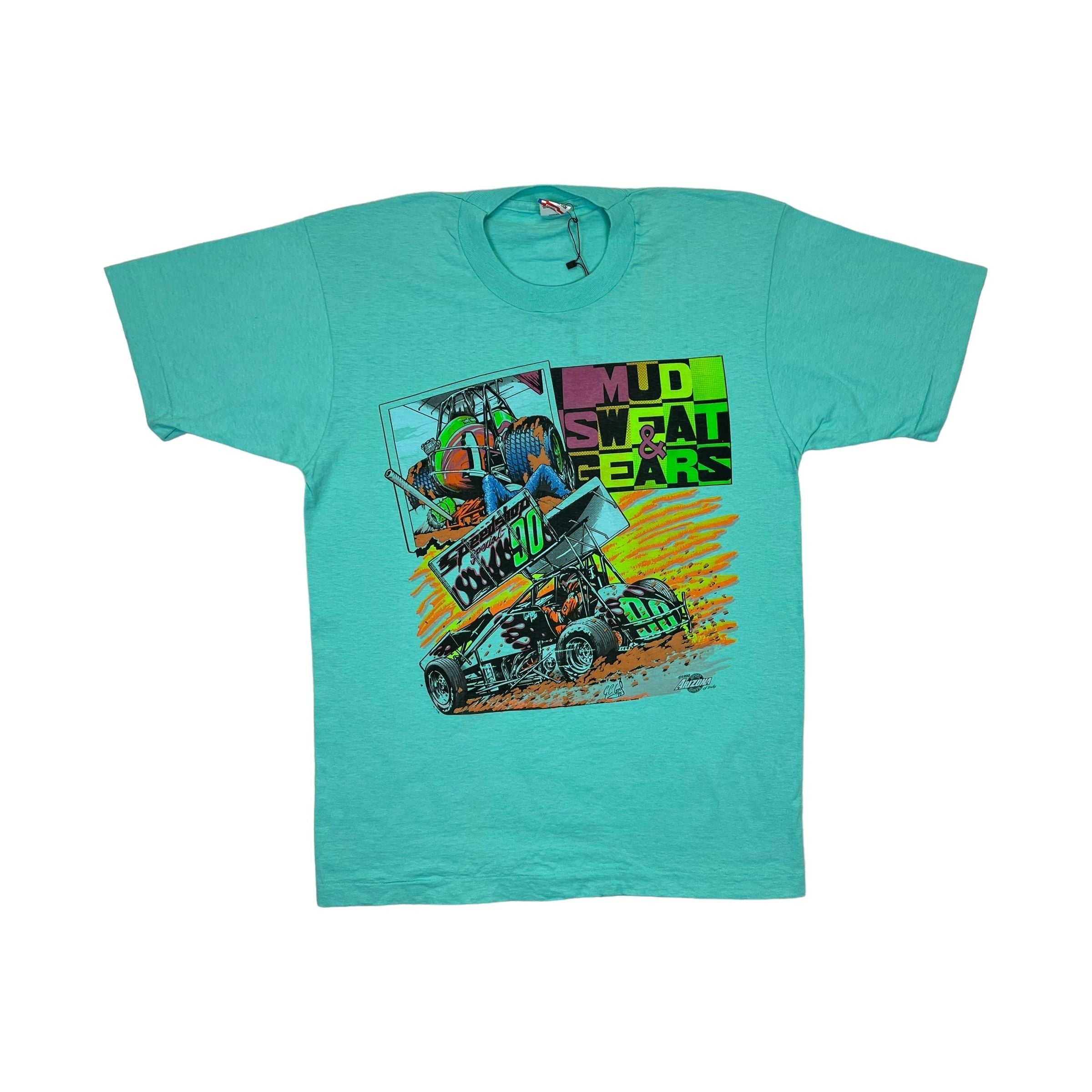 268987 (1990) Mud, Sweat, & Gears Sprint Car Dirt Racing Sea Green T-Shirt