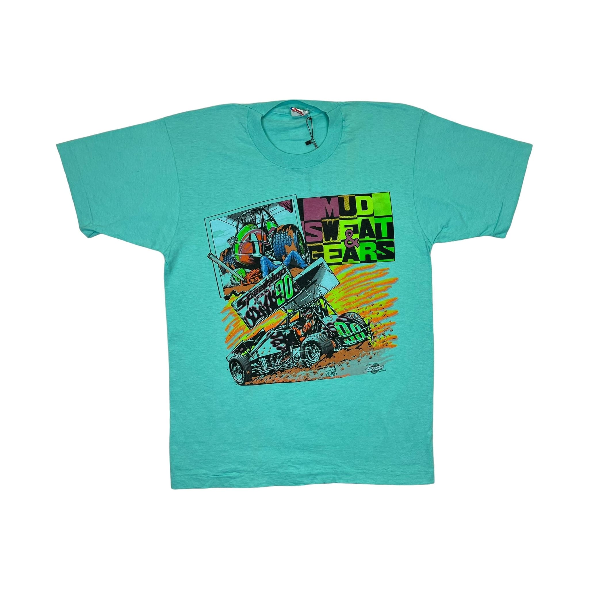 268987 (1990) Mud, Sweat, & Gears Sprint Car Dirt Racing Sea Green T-Shirt
