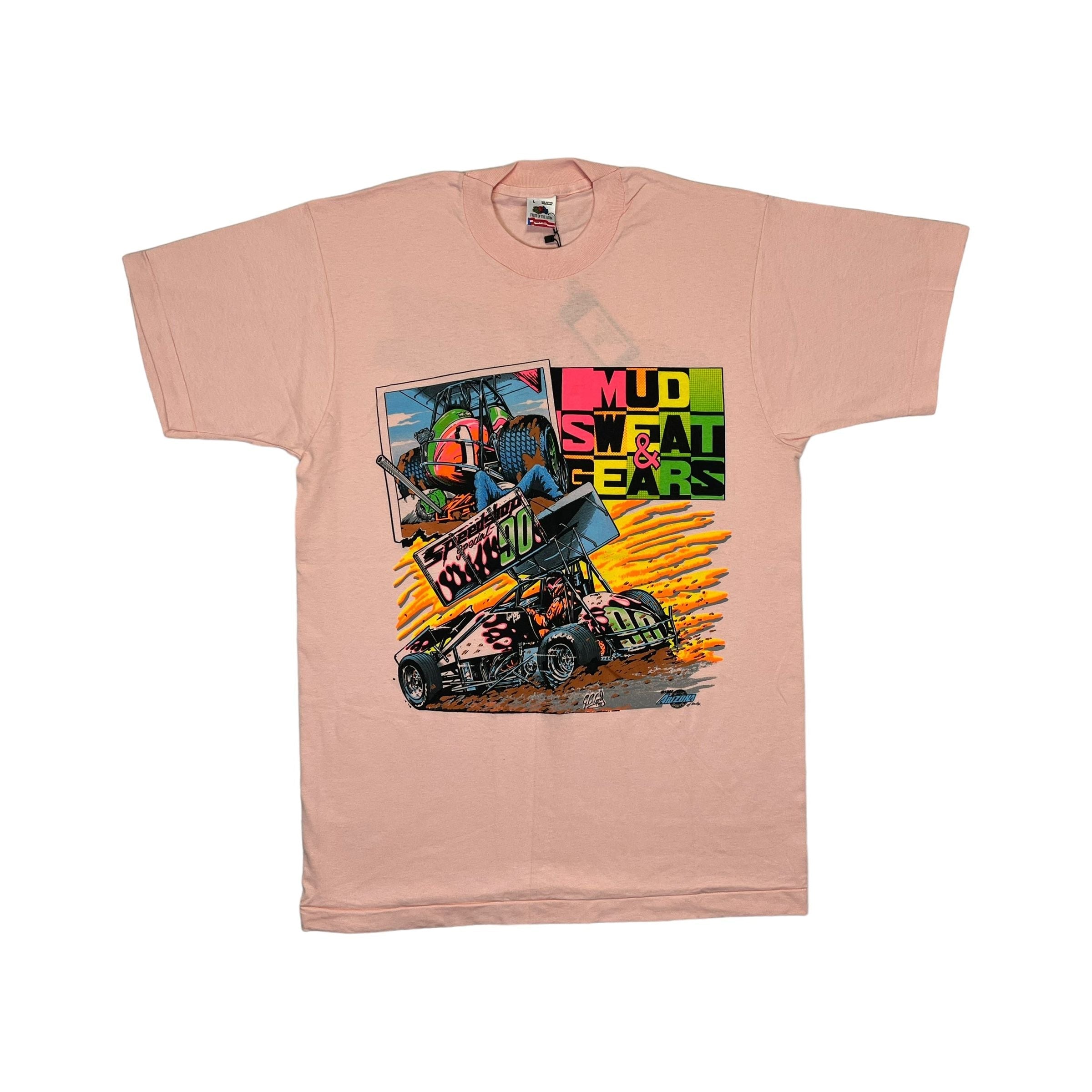 268989 (1990) Mud, Sweat, & Gears Sprint Car Dirt Racing Peach T-Shirt