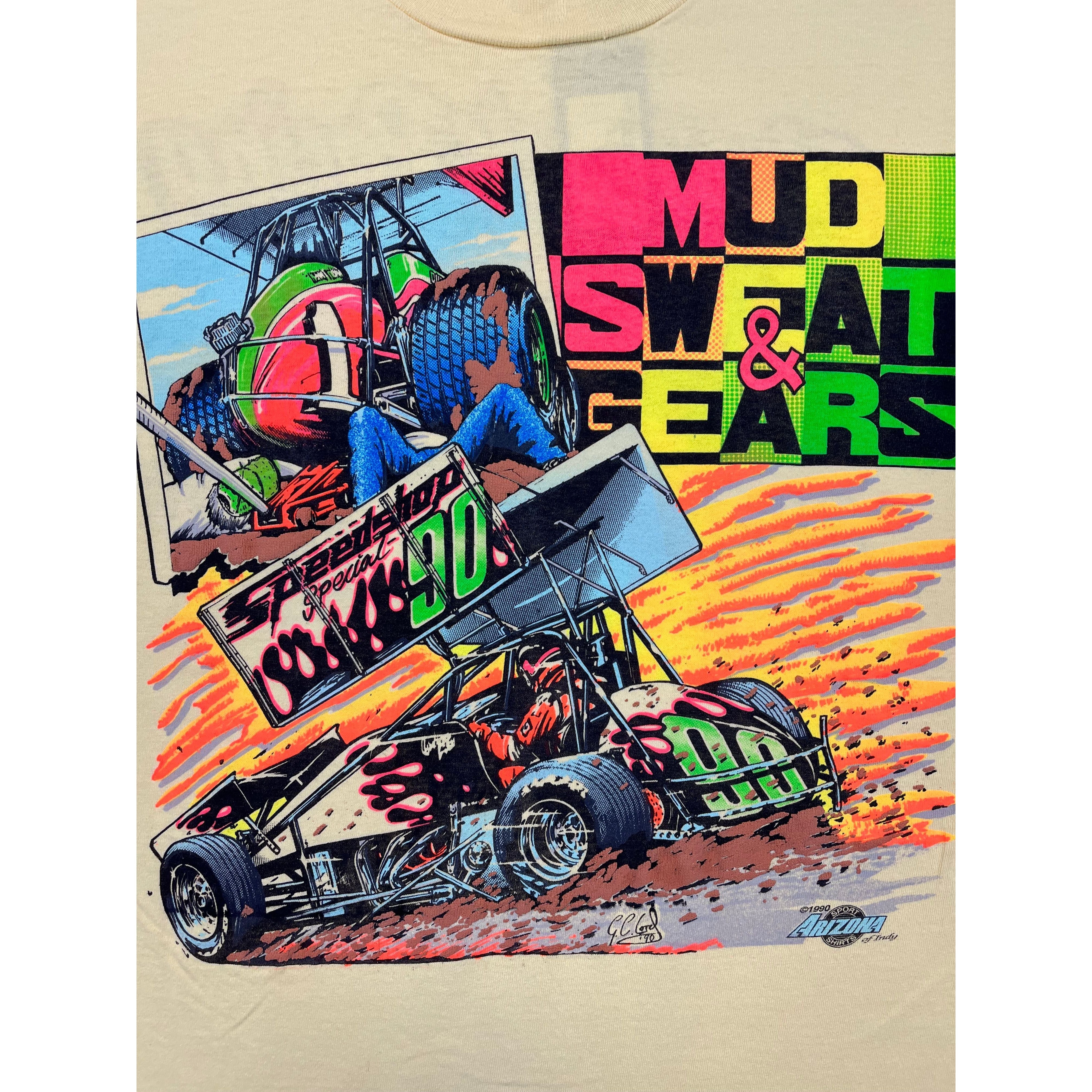 268976 (1990) Mud, Sweat, & Gears Sprint Car Dirt Racing Yellow T-Shirt