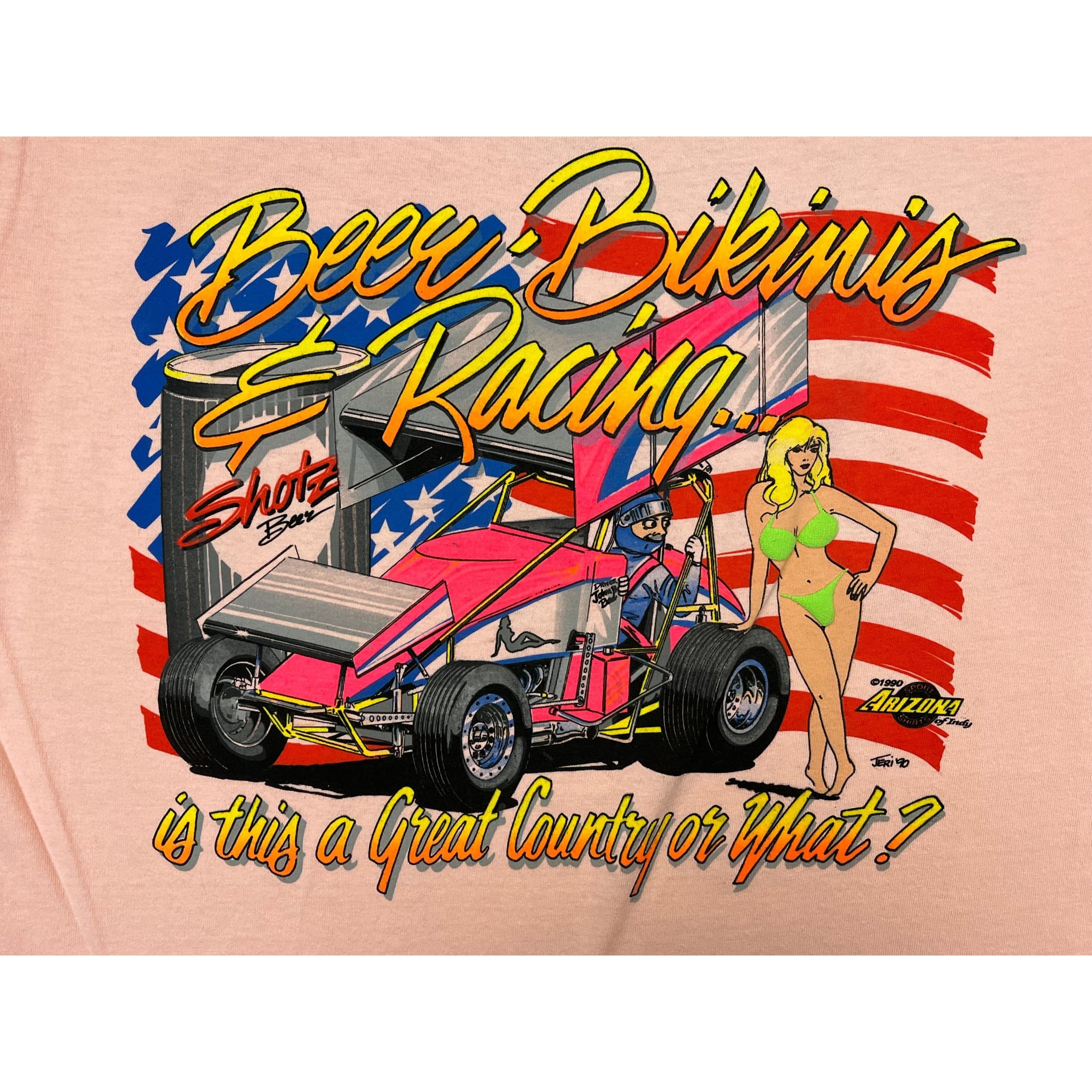 268995 (1990) Beers, Bikinis, & Racing Sprint Car Dirt Racing Peach T-Shirt