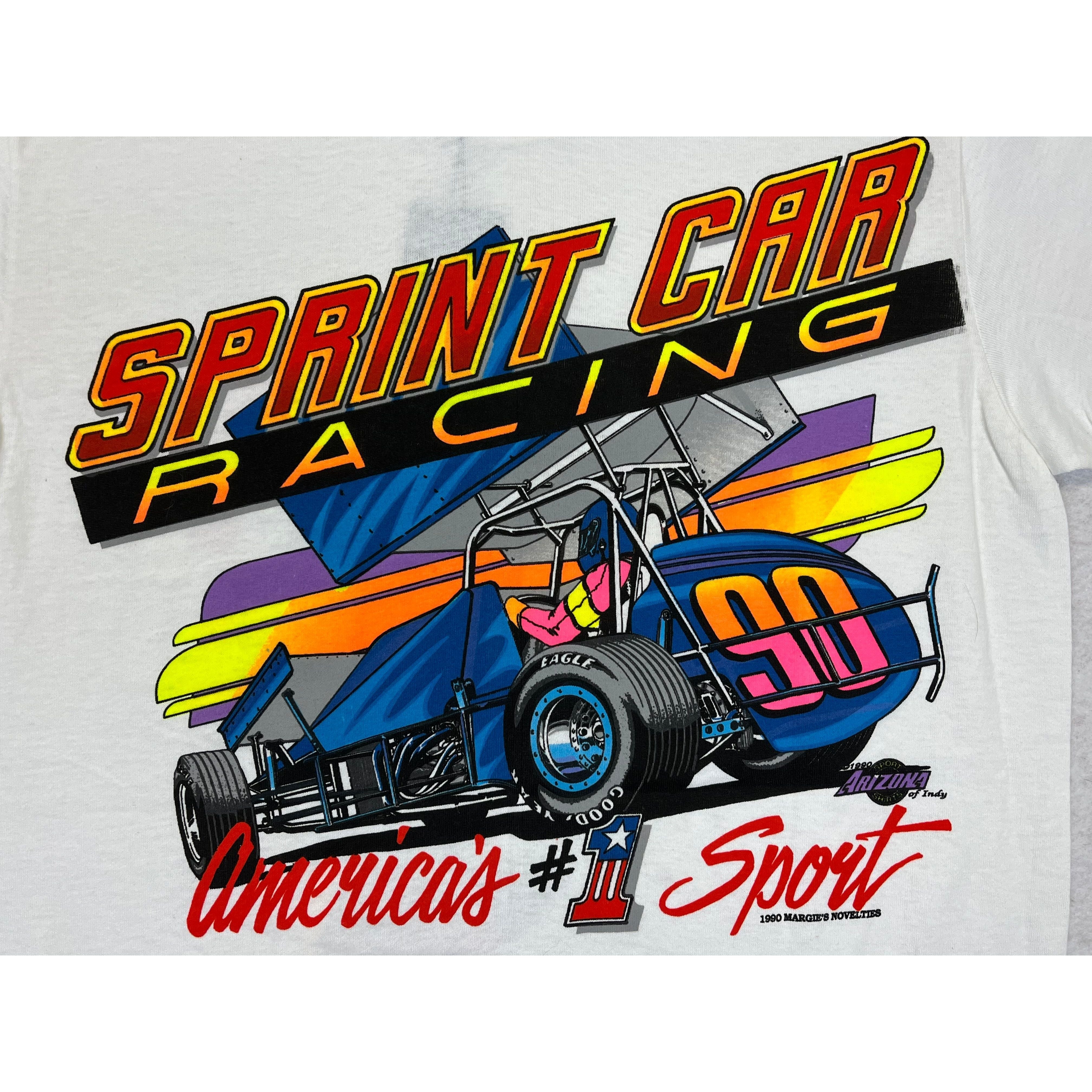 269038 (1990) Shit Happens, Sprint Car Racing Double Sided White T-Shirt
