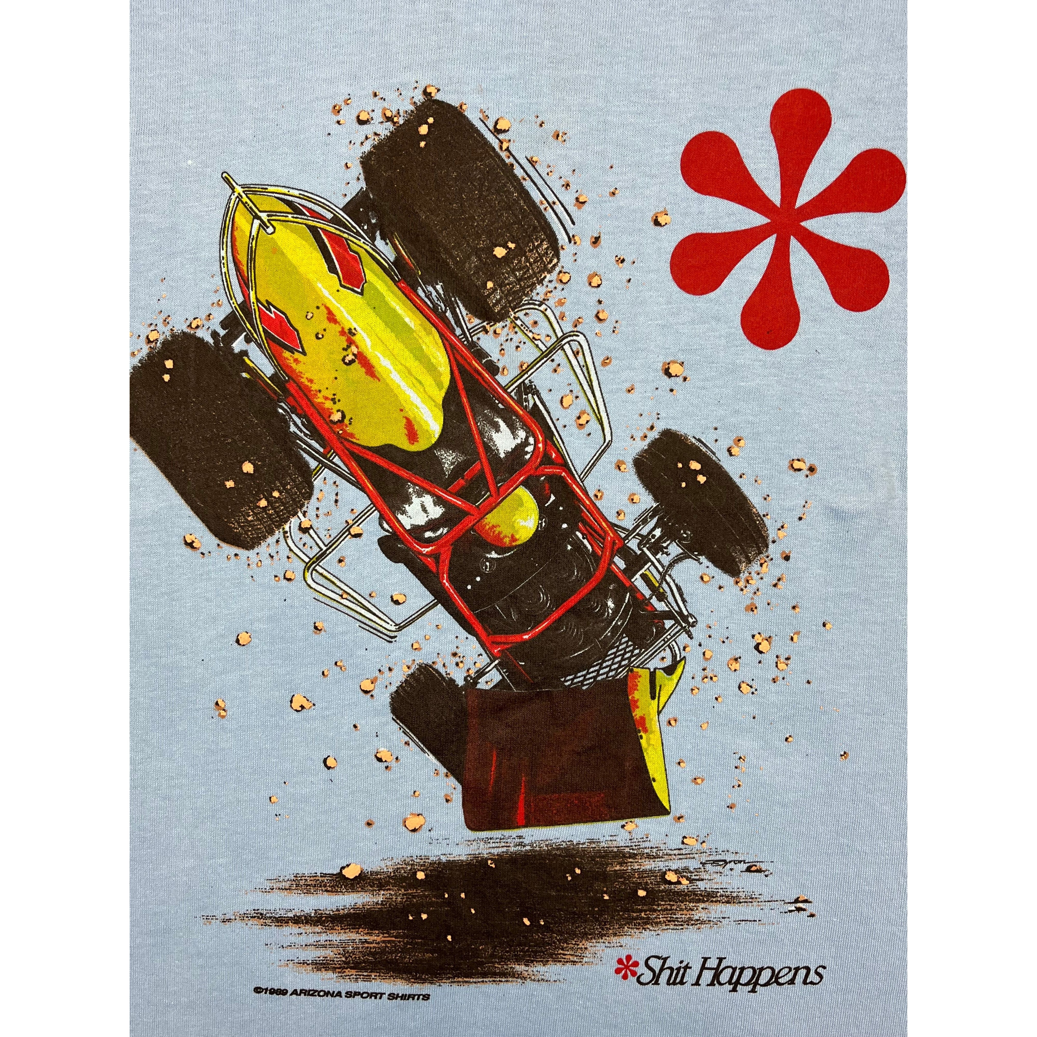 269044 (1990) Shit Happens, Sprint Car Racing Double Sided Baby Blue T-Shirt