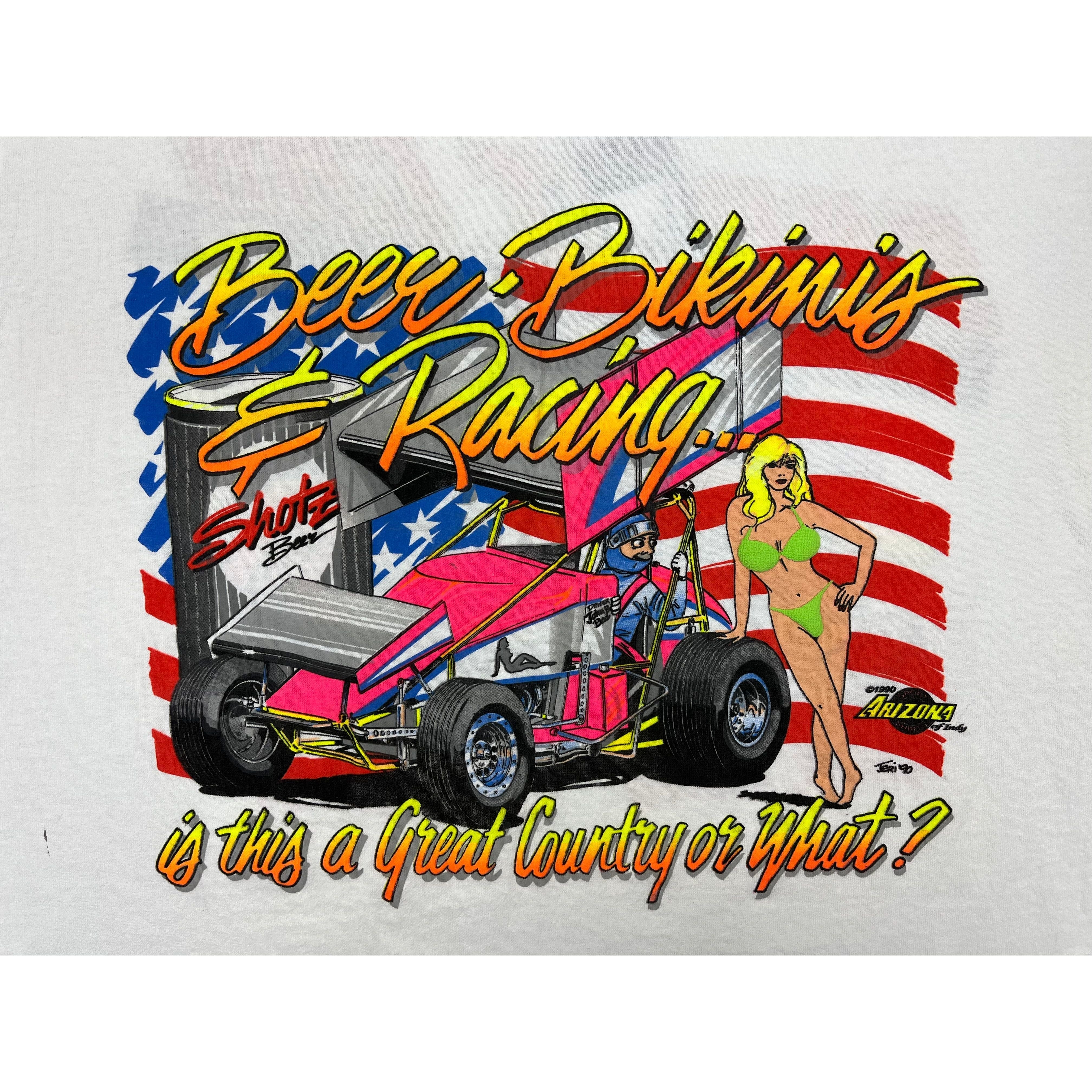 268996 (1990) Beers, Bikinis, & Racing Sprint Car Dirt Racing White T-Shirt