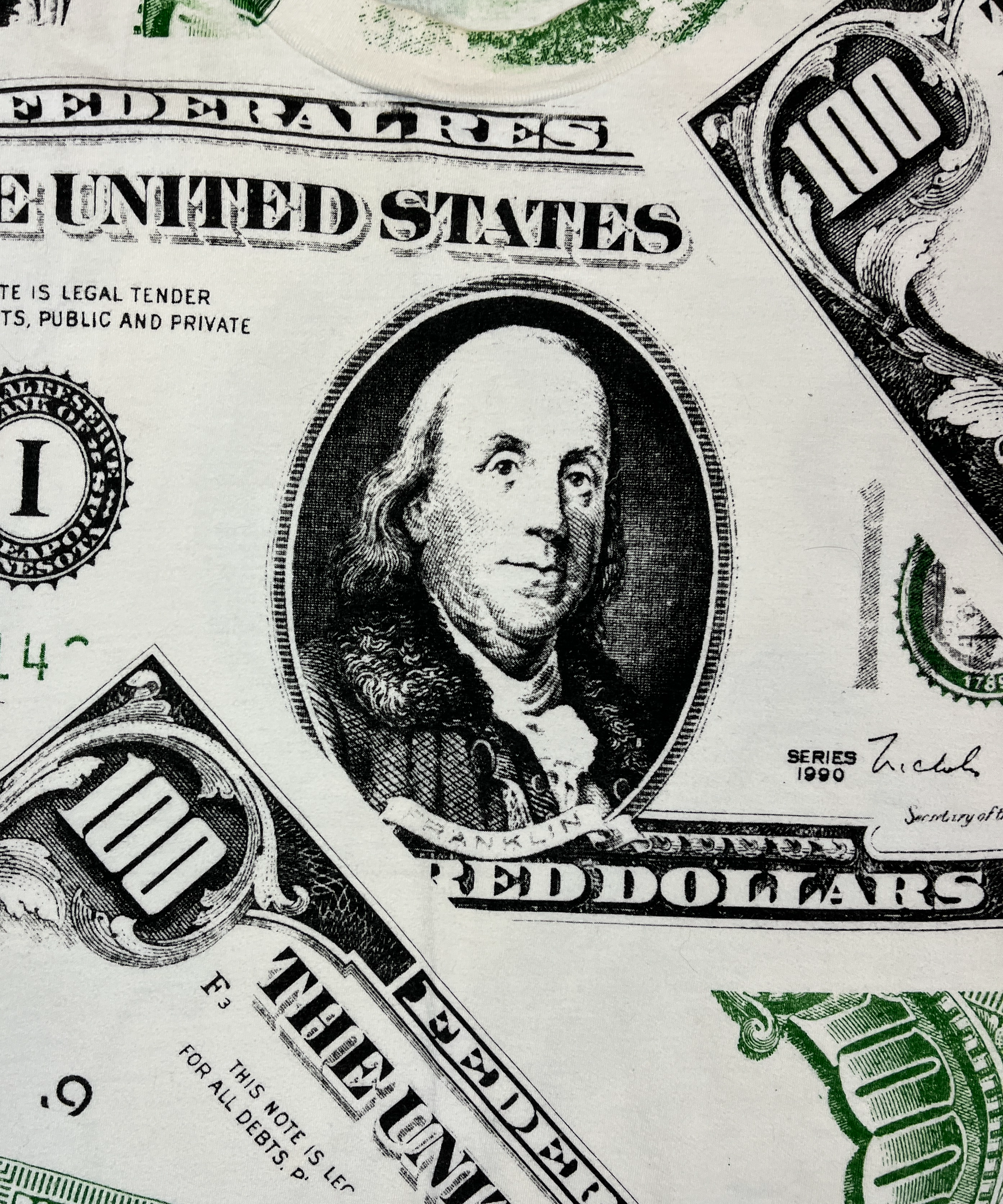 375218 (90s) $100 Bill Benjamin Franklin All Over Print Money T-Shirt