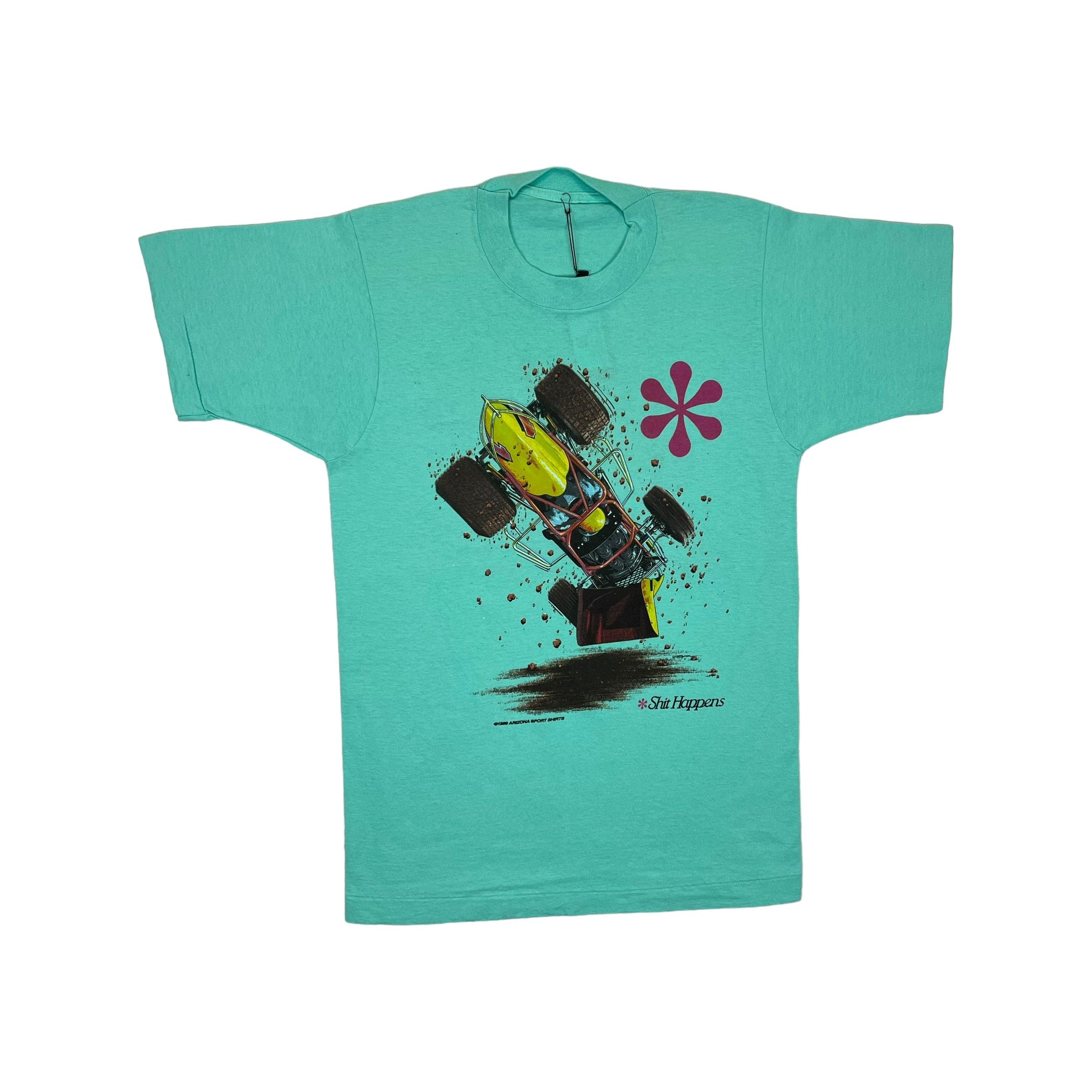 269052 (1990) Shit Happens, Sprint Car Racing Double Sided Green T-Shirt m