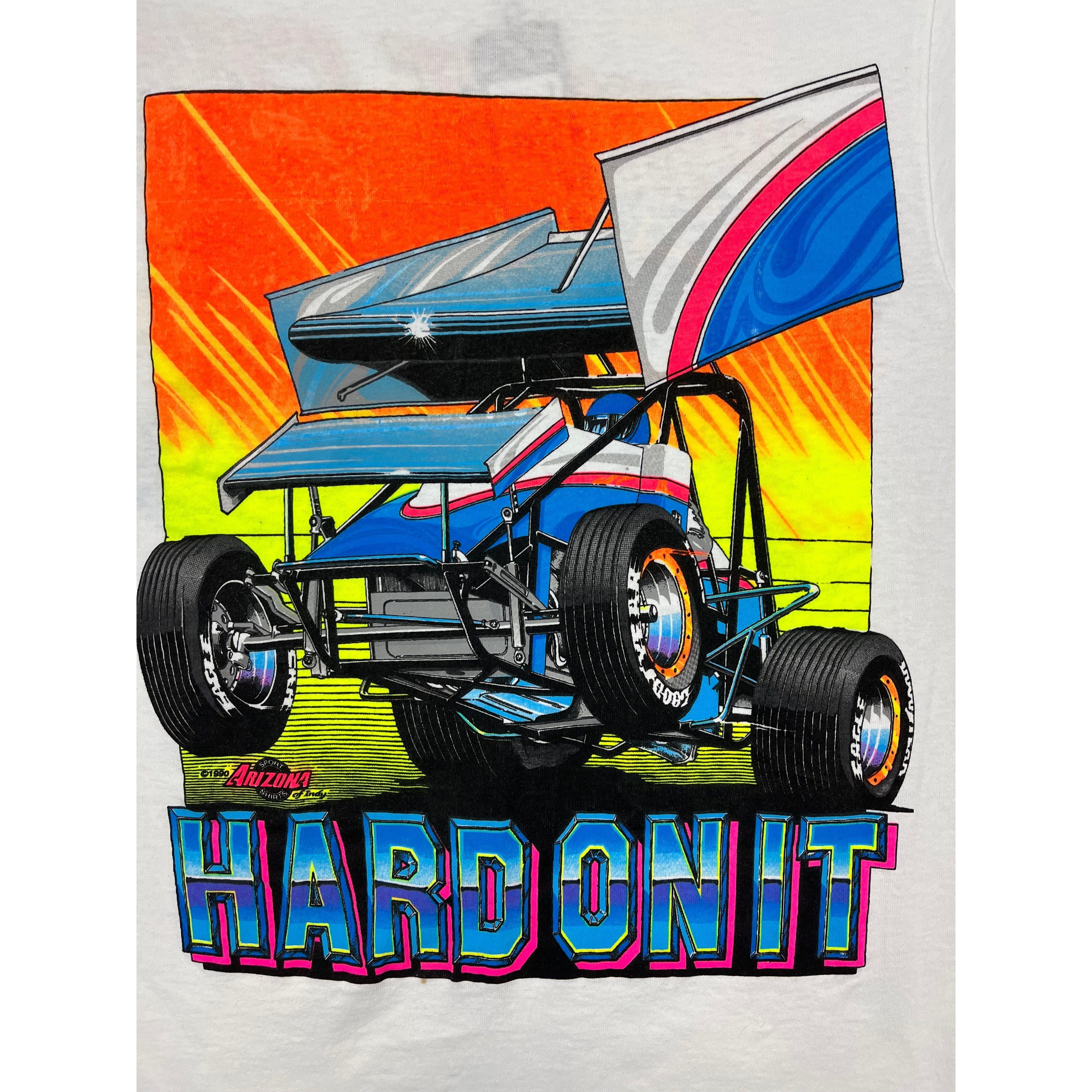 268958 (1990) Hard On It, Sprint Car Racing Double Sided White T-Shirt