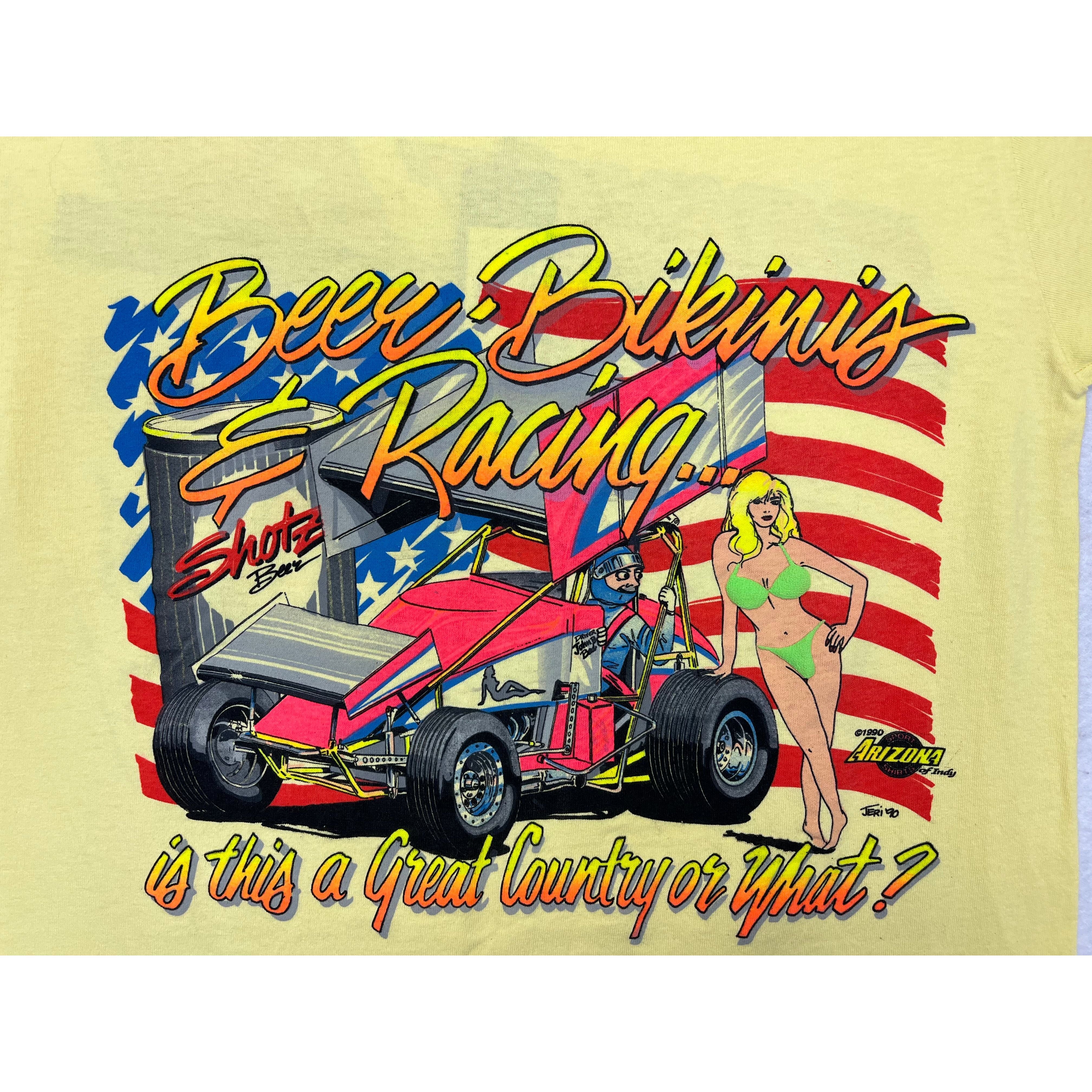 268994 (1990) Beers, Bikinis, & Racing Sprint Car Dirt Racing Yellow T-Shirt