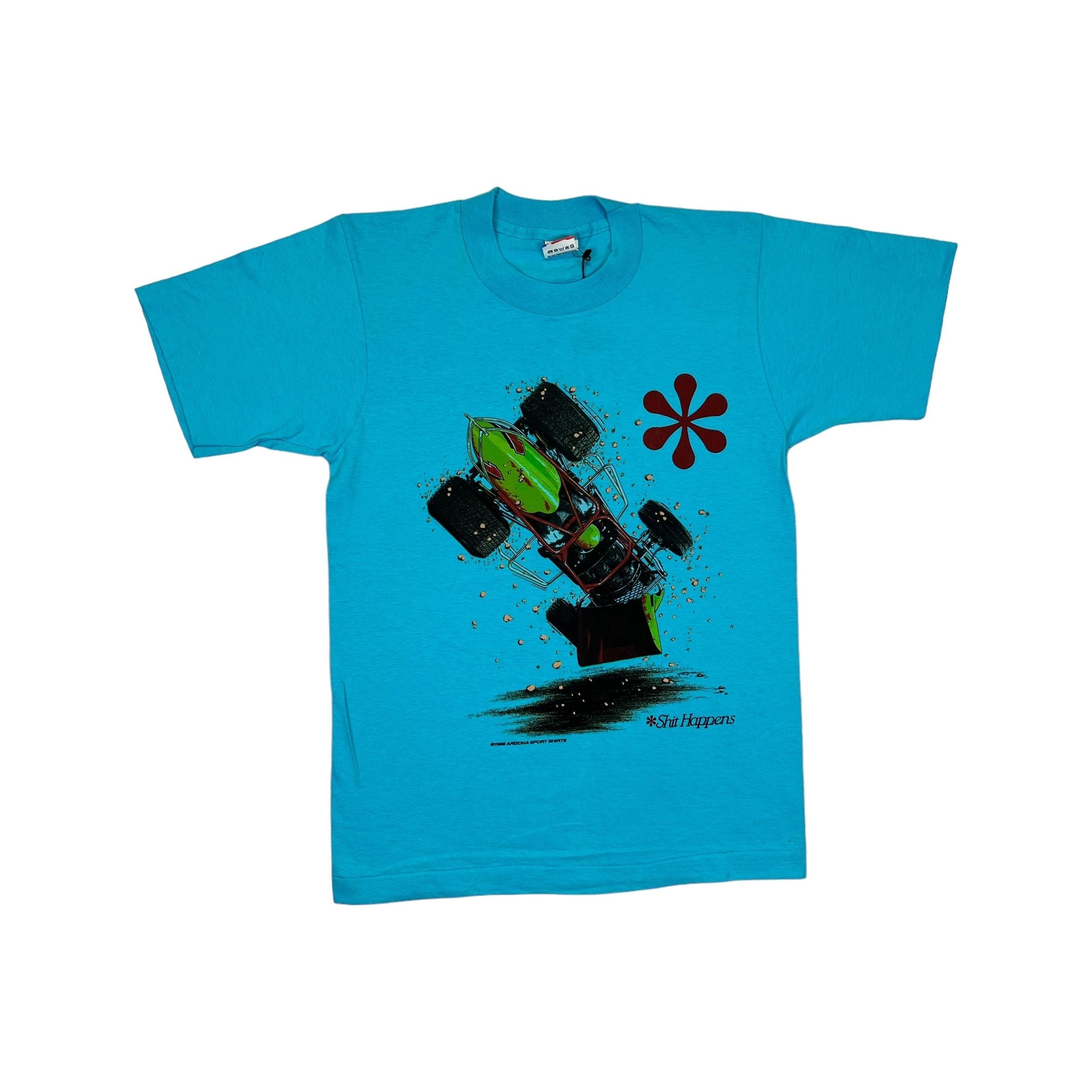 269048 (1990) Shit Happens, Sprint Car Racing Double Sided Blue T-Shirt L