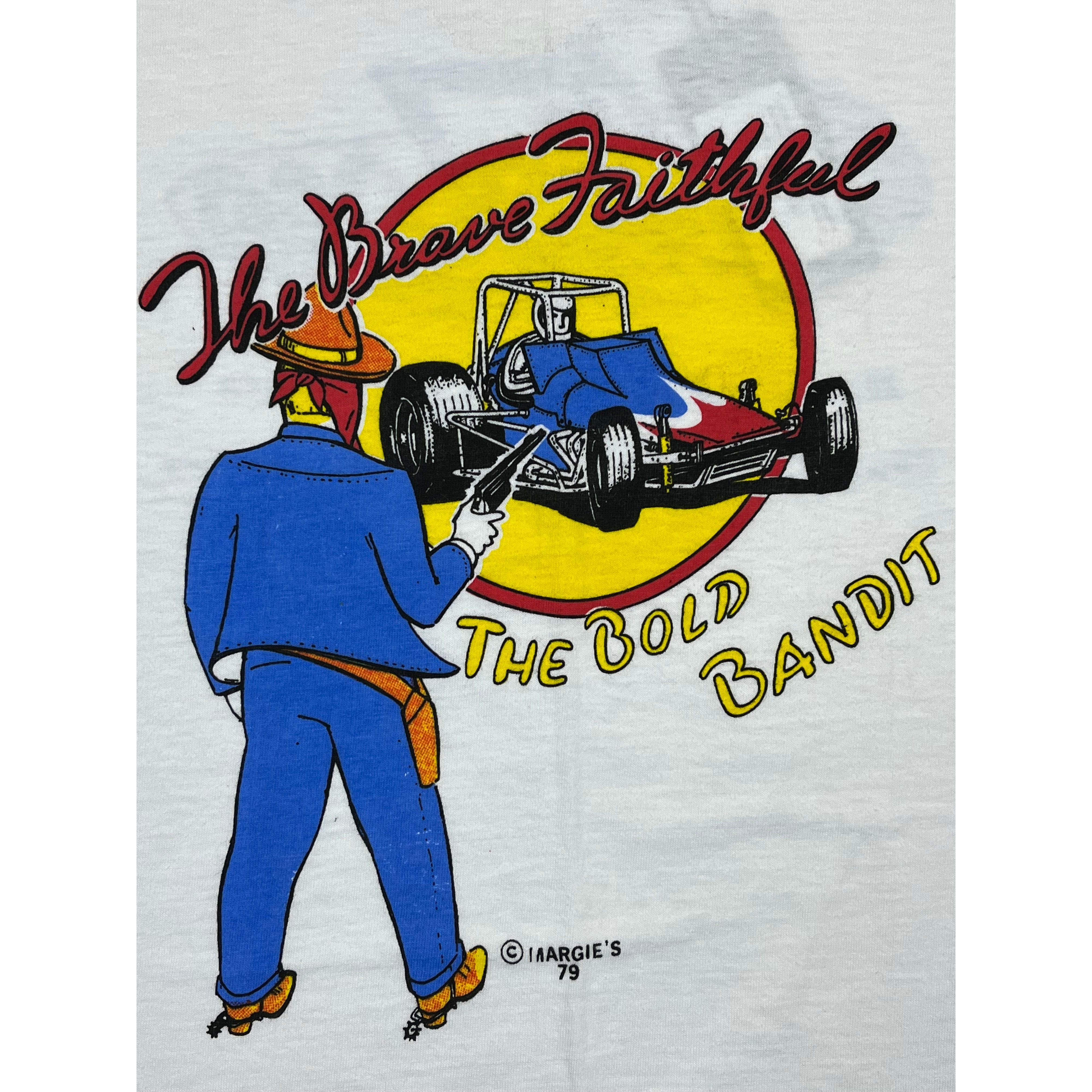 268866 (1979) Cowboy 'The Bold Bandit' Cartoon Stock Racing T-Shirt L
