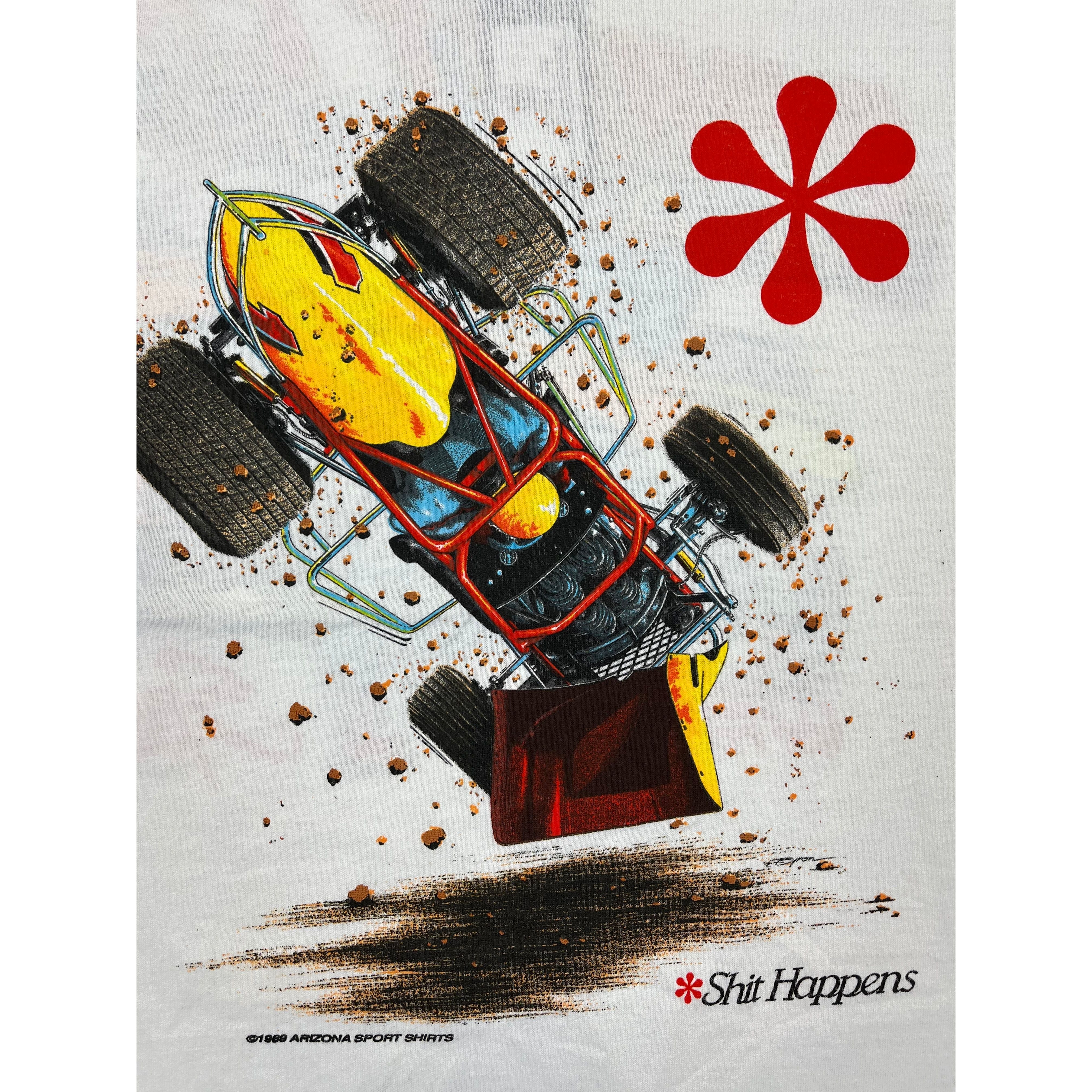 337875 (1990) Shit Happens, Sprint Car Racing Double Sided White T-Shirt