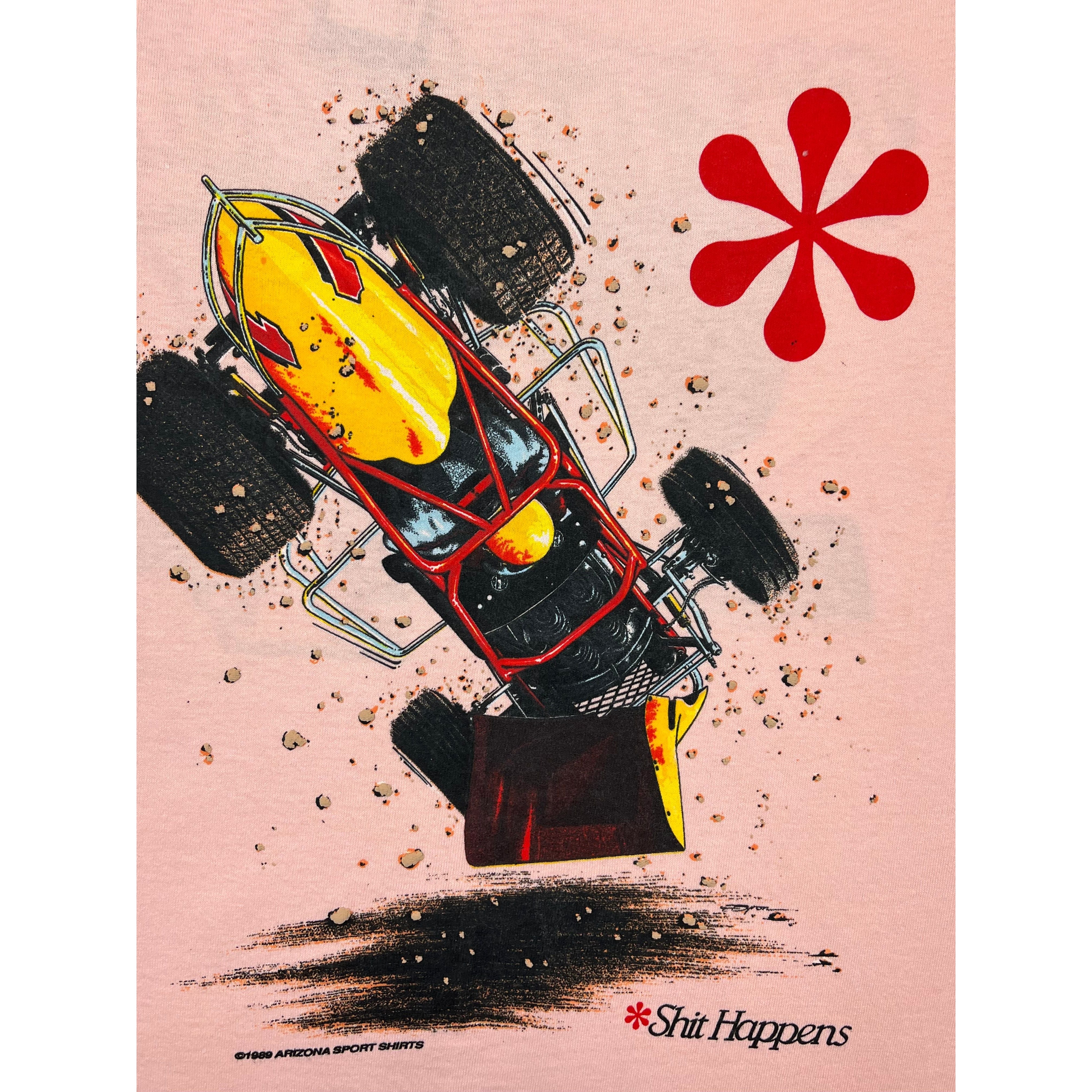 269053 (1990) Shit Happens, Sprint Car Racing Double Sided Peach T-Shirt L