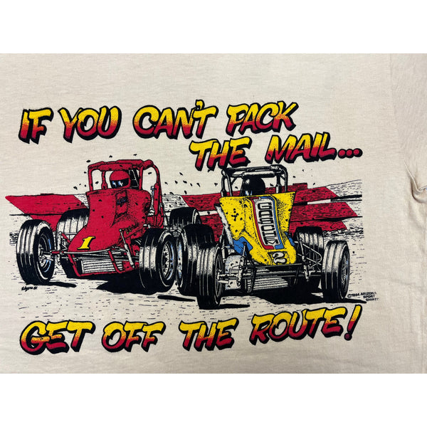 (80s) Sprint Car Dirt Track Mail Racing Pun Beige T-Shirt