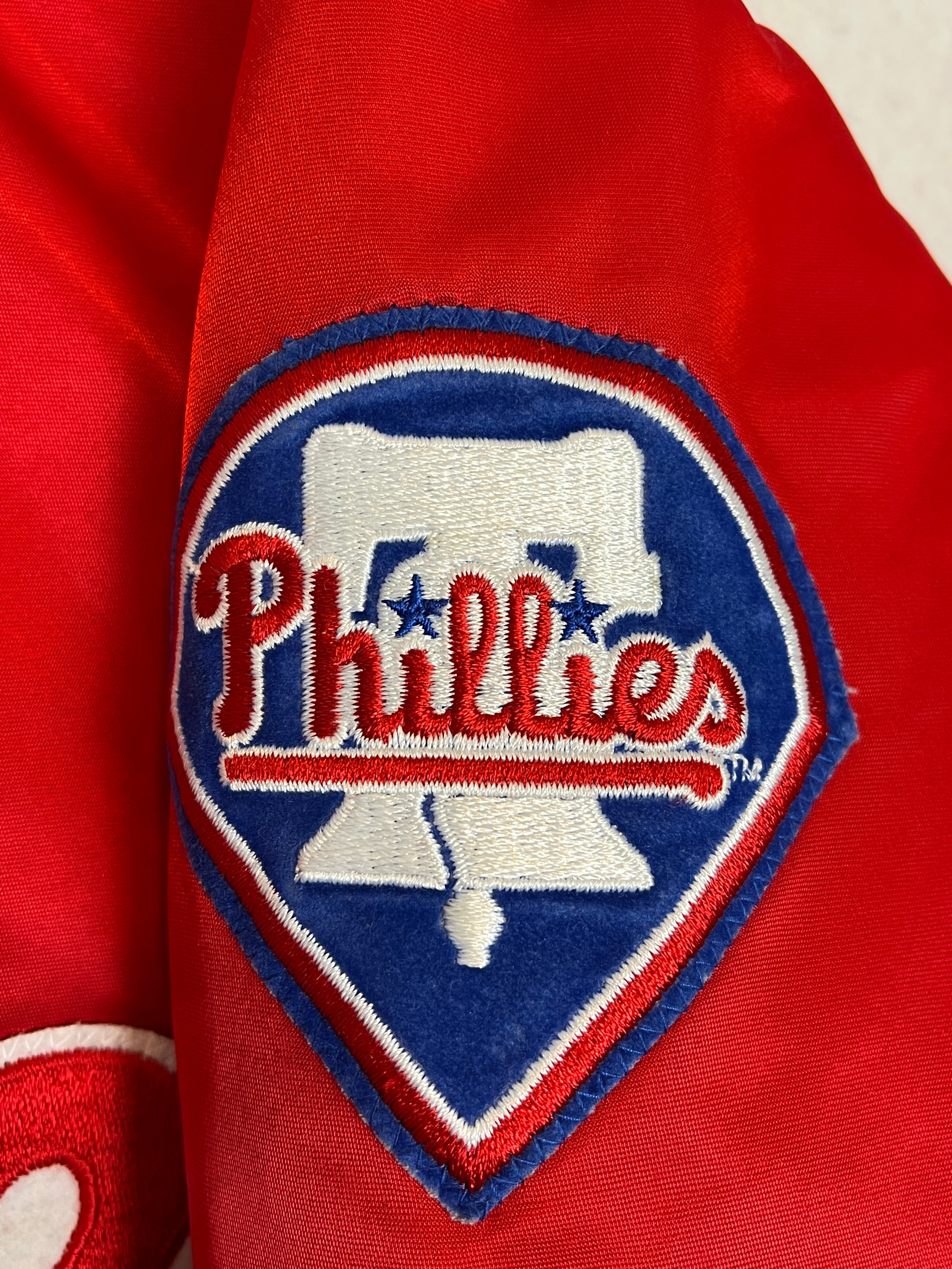 435601 (90s) Philadelphia Phillies Starter Satin Red Bomber Jacket