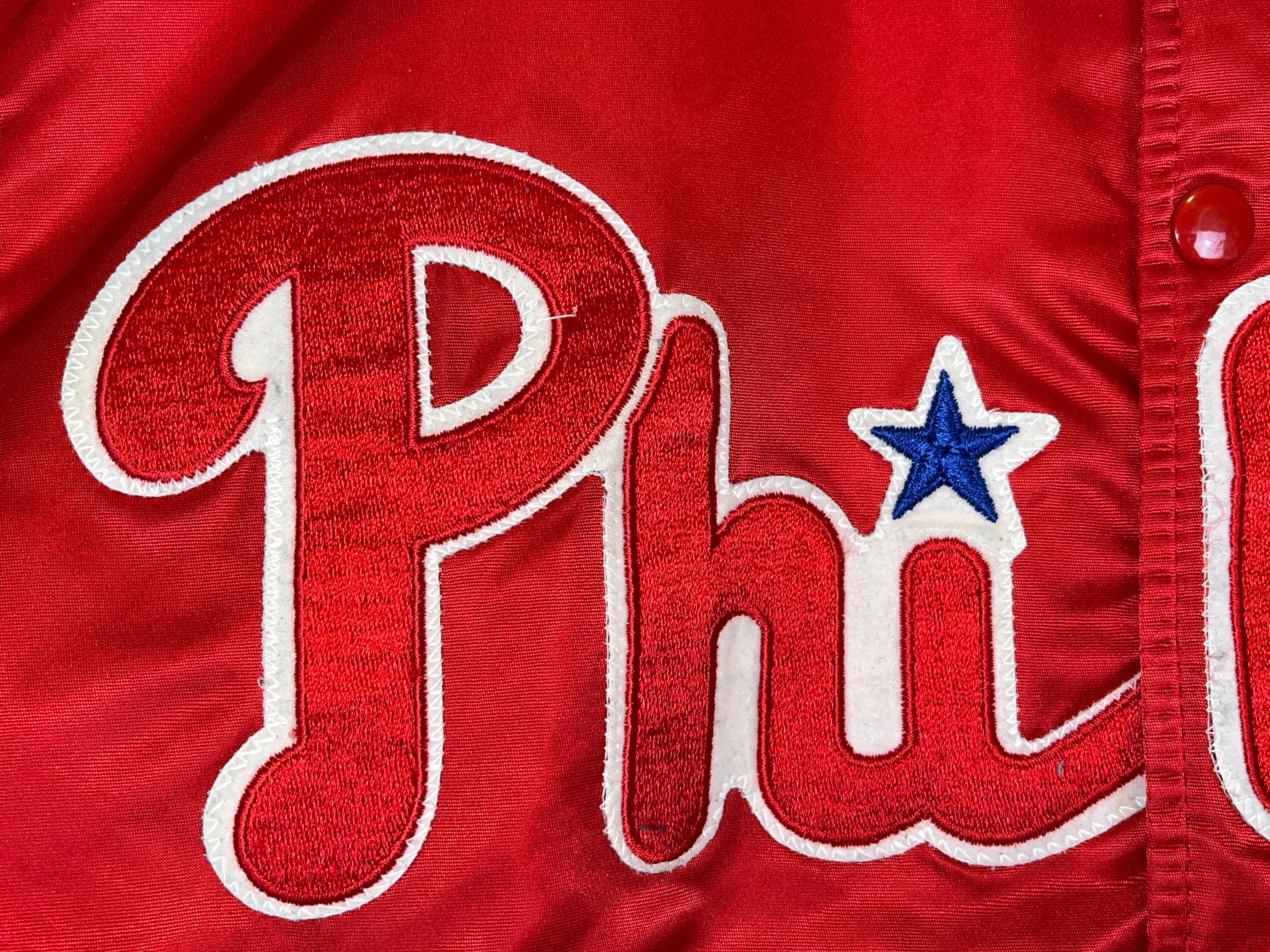 435601 (90s) Philadelphia Phillies Starter Satin Red Bomber Jacket