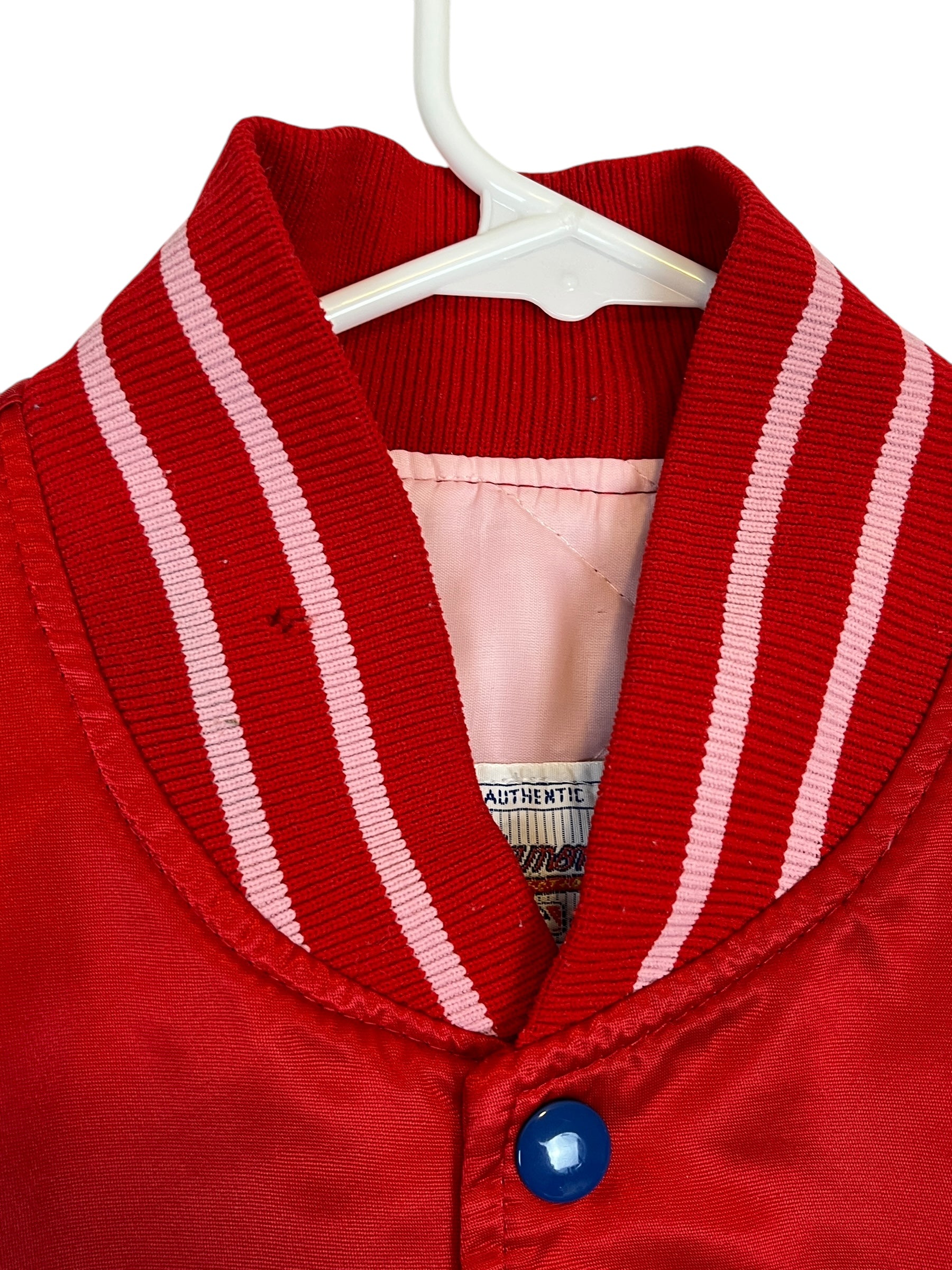 435601 (90s) Philadelphia Phillies Starter Satin Red Bomber Jacket