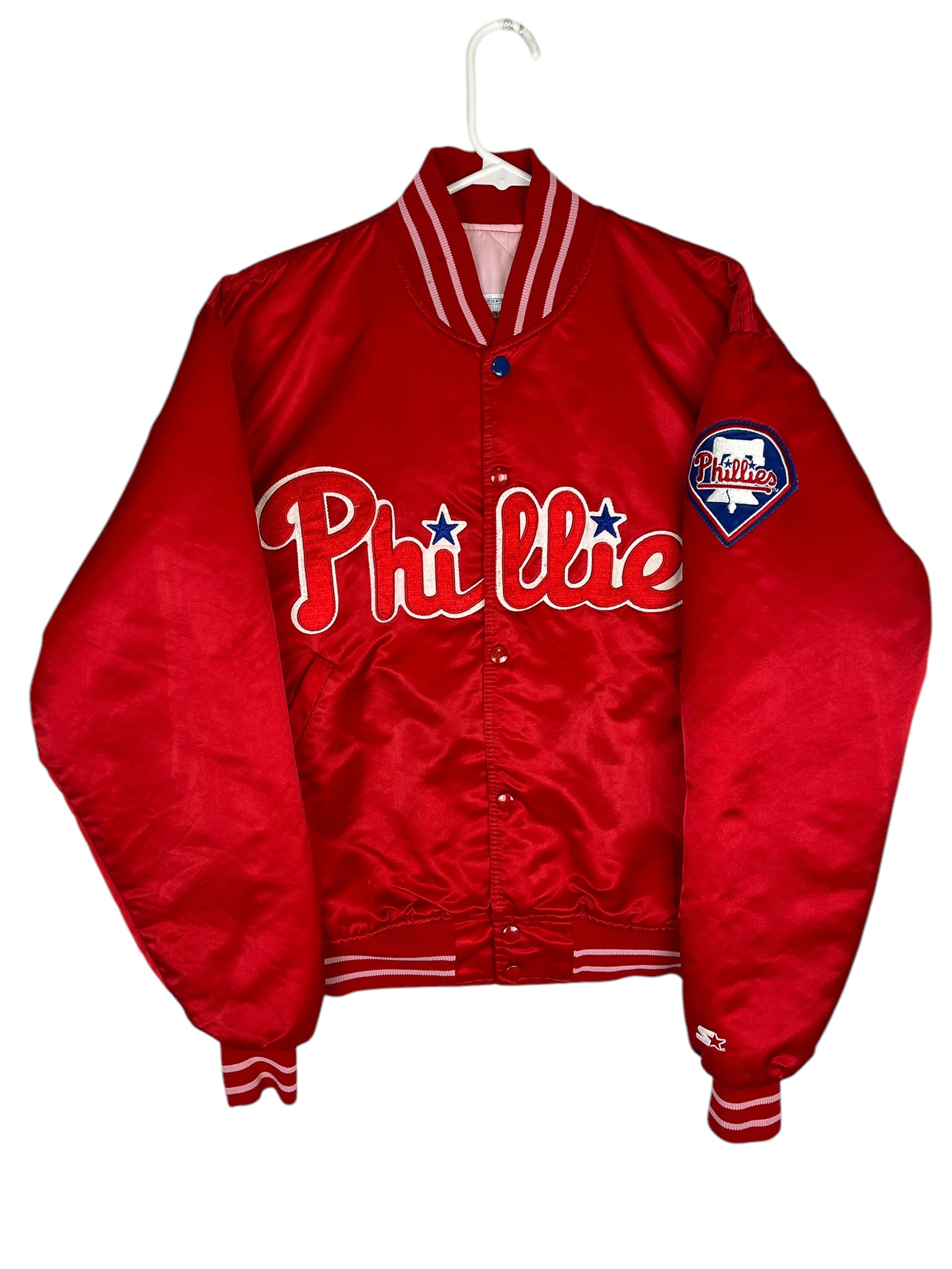 435601 (90s) Philadelphia Phillies Starter Satin Red Bomber Jacket