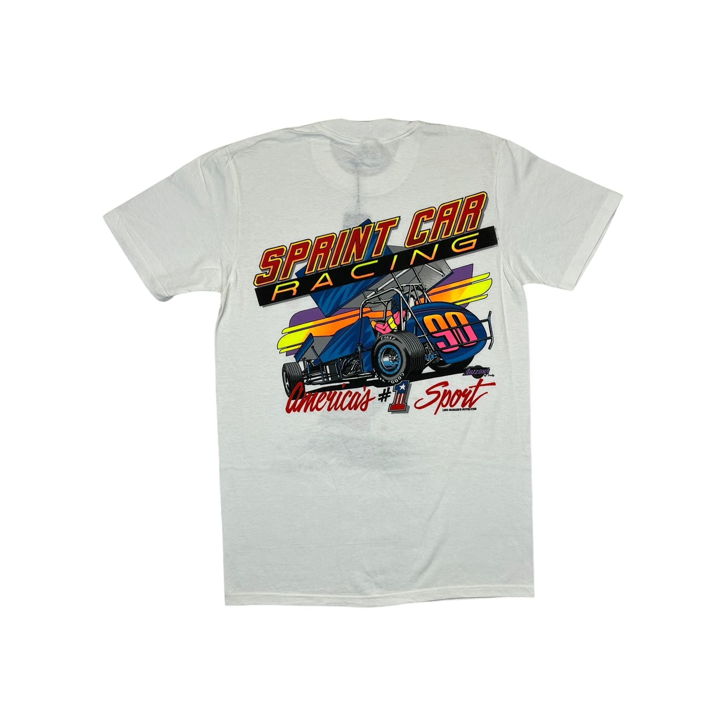 269031 (1990) Shit Happens, Sprint Car Racing Double Sided White T-Shirt