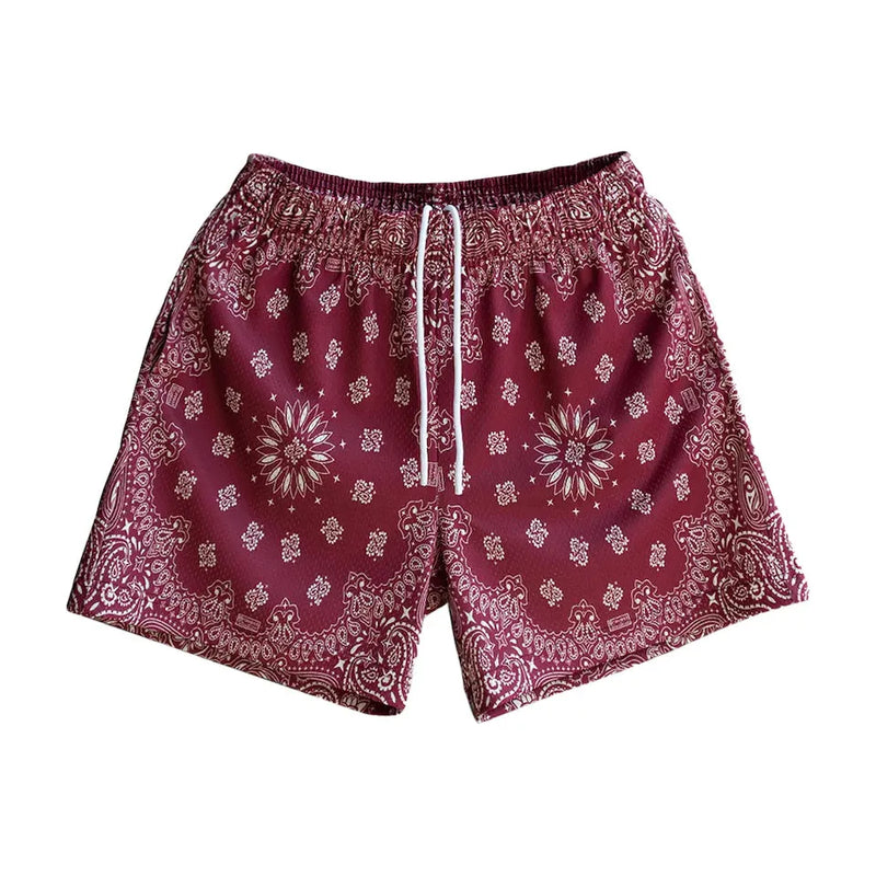 SCREENPRINTED PAISLEY BURGUNDY SHORTS