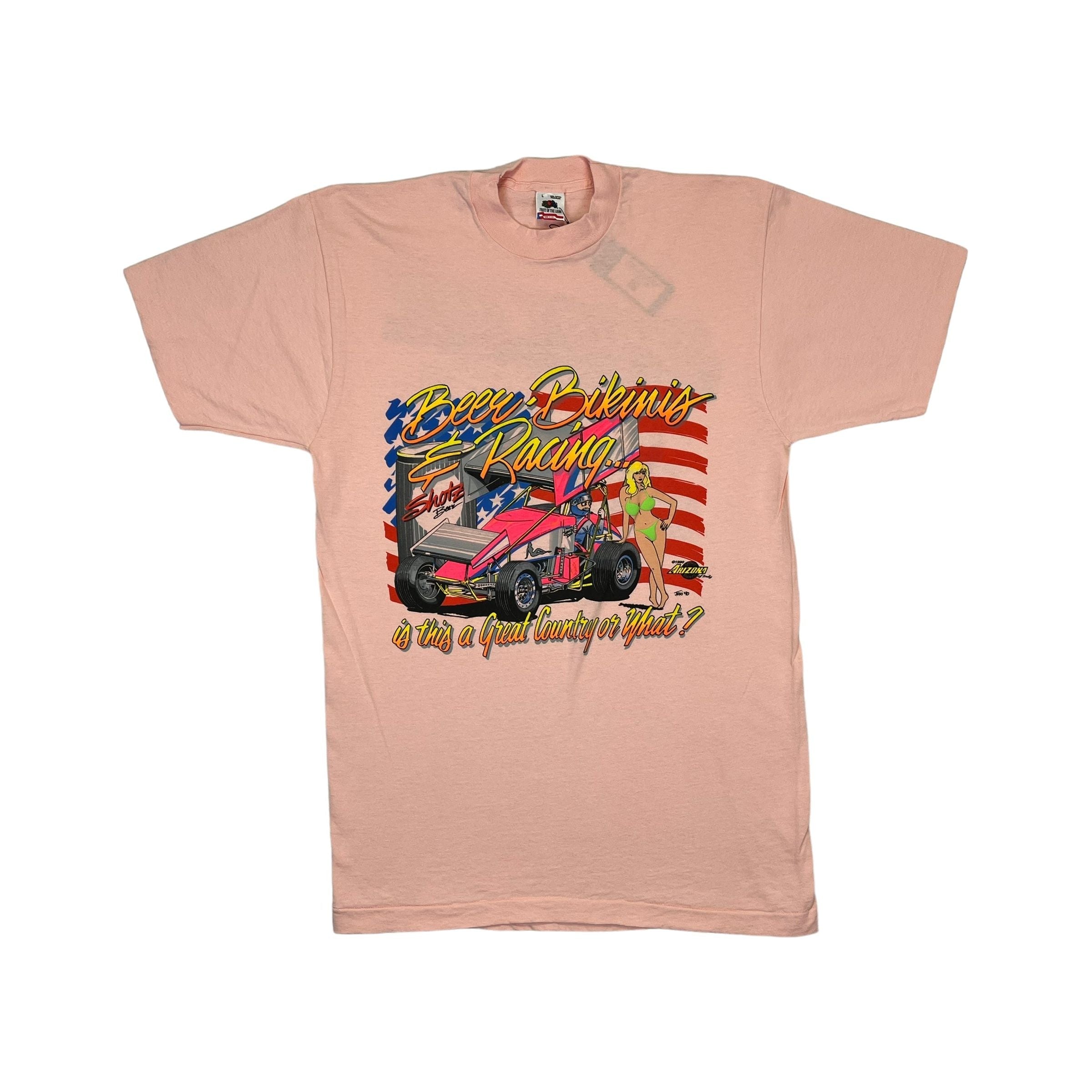 268995 (1990) Beers, Bikinis, & Racing Sprint Car Dirt Racing Peach T-Shirt