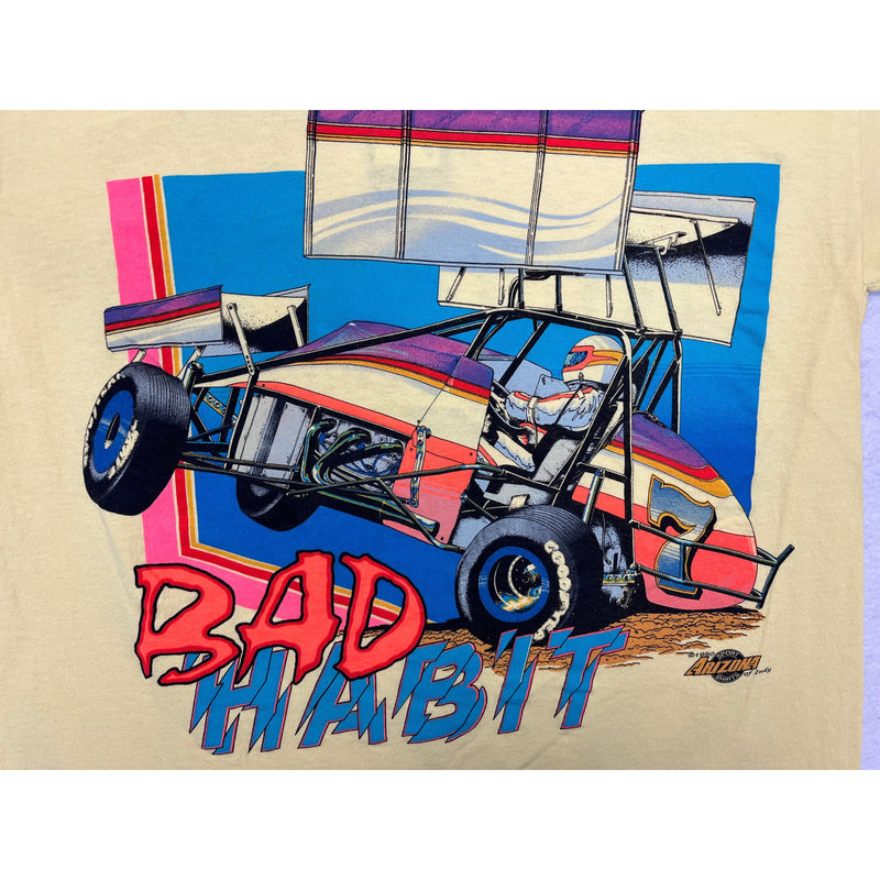 (1990) Bad Habit, Dirt Track Racing Double Sided Yellow T-Shirt m