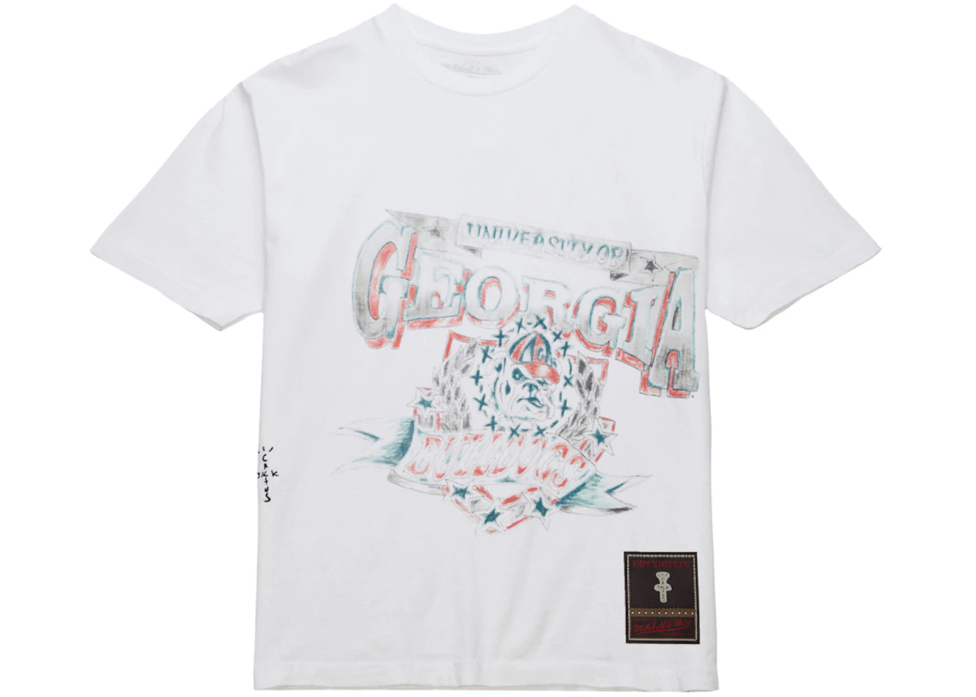 759532 Travis Scott x Mitchell & Ness Georgia Bulldogs Hand-Drawn T-Shirt White