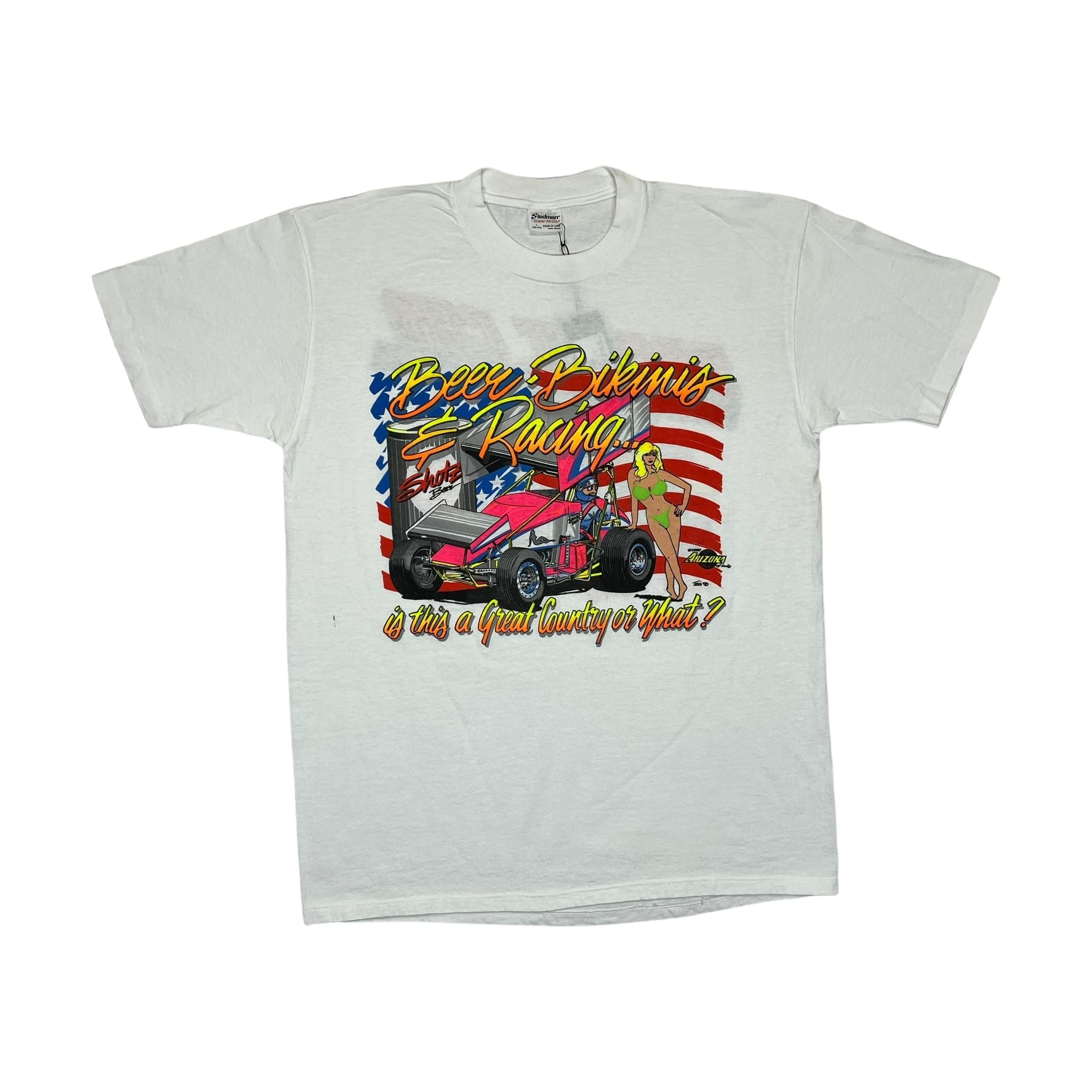 268996 (1990) Beers, Bikinis, & Racing Sprint Car Dirt Racing White T-Shirt