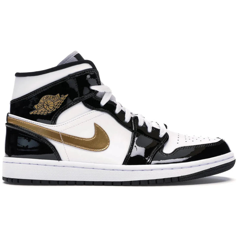 Jordan 1 Mid Patent Black White Gold