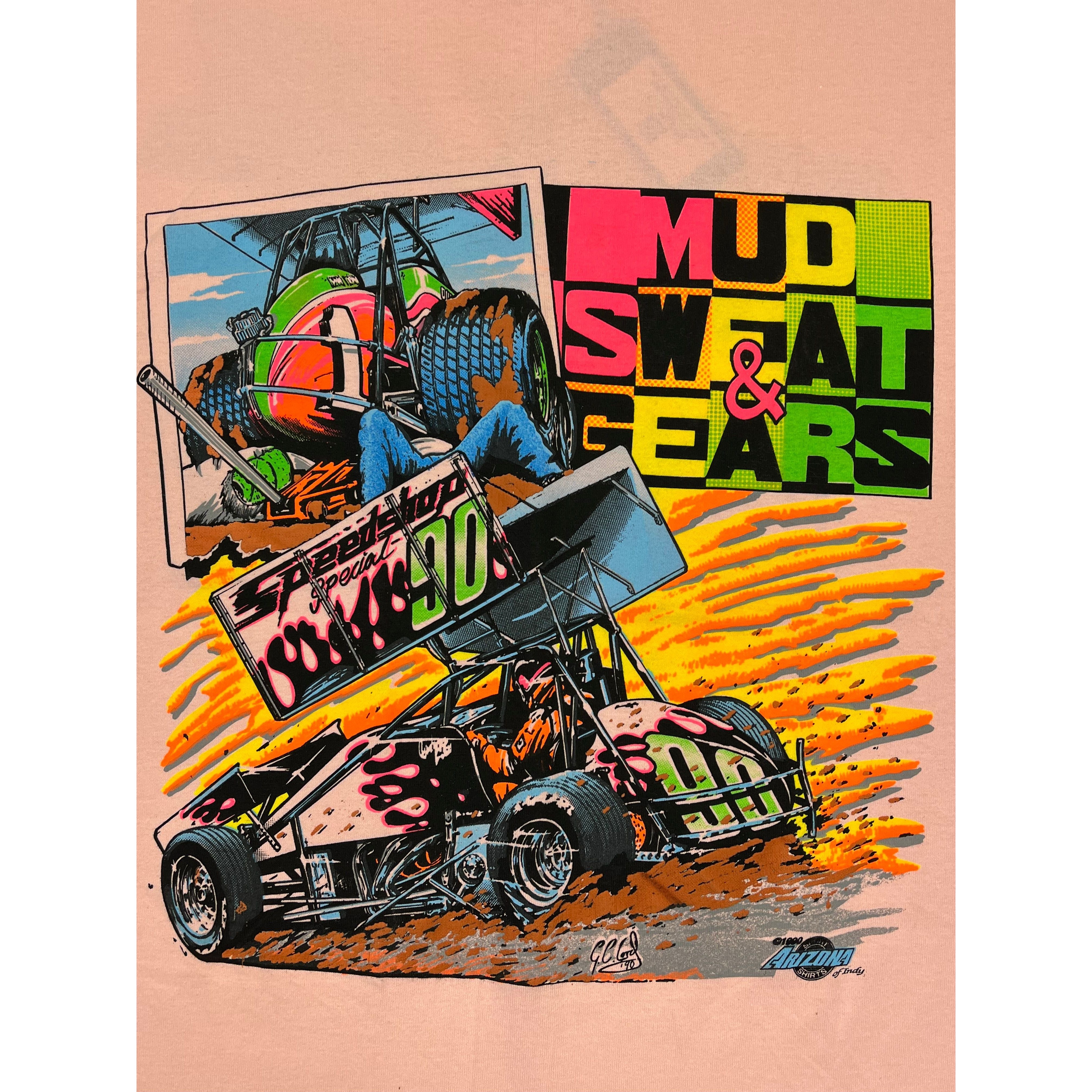 268991 (1990) Mud, Sweat, & Gears Sprint Car Dirt Racing Peach T-Shirt