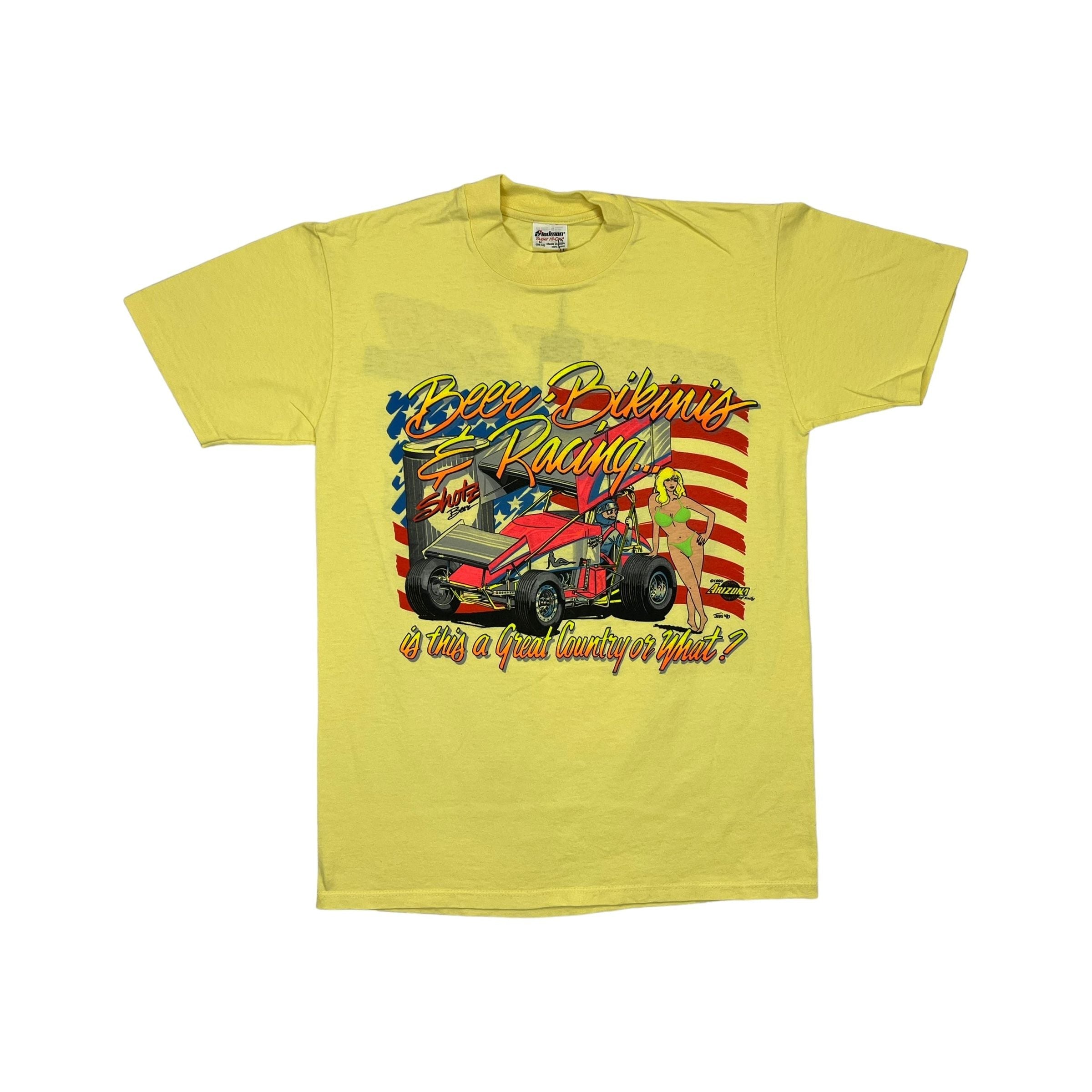 268994 (1990) Beers, Bikinis, & Racing Sprint Car Dirt Racing Yellow T-Shirt