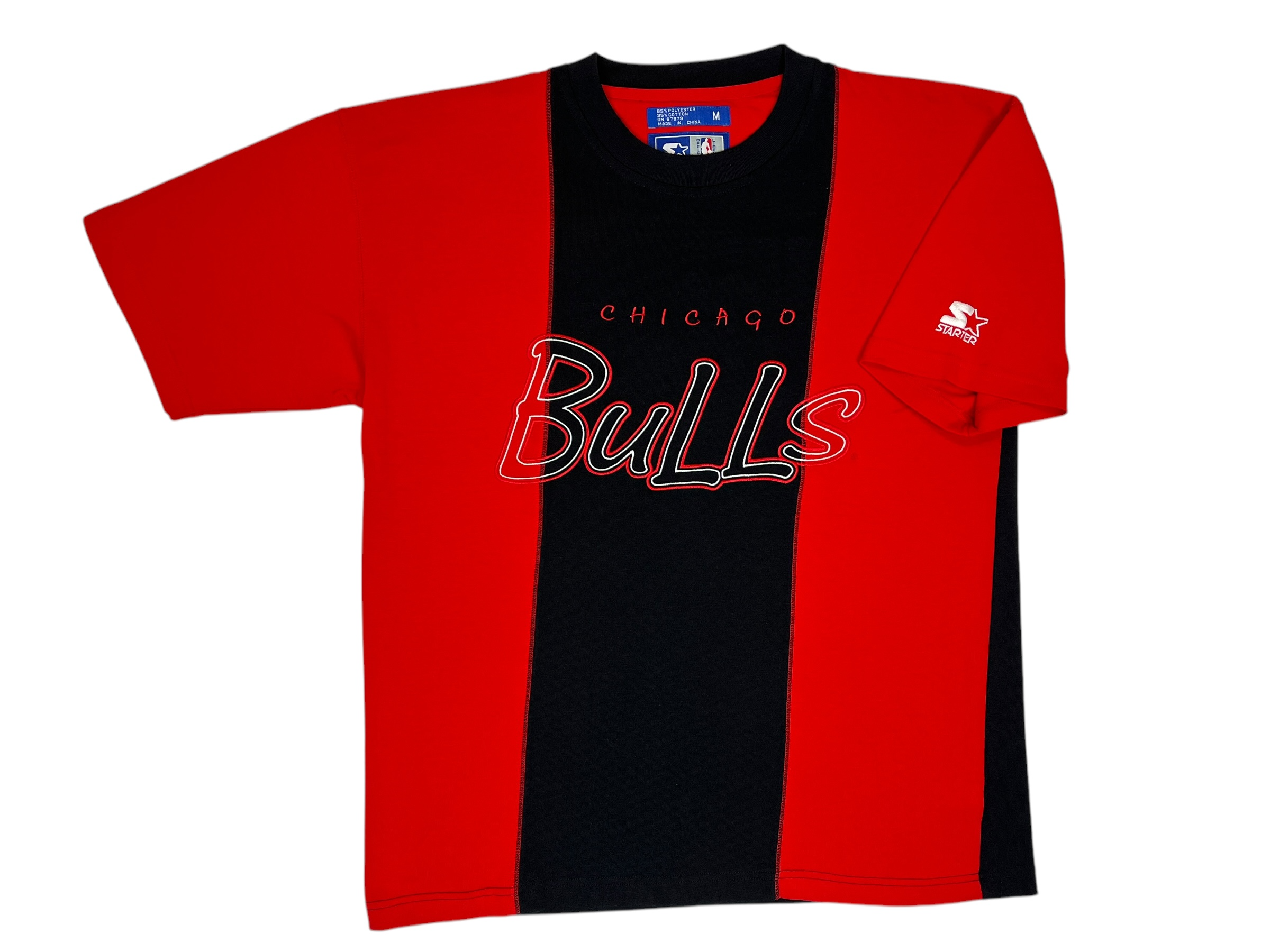 375164 (90s) Chicago Bulls Embroidered Striped Starter T-Shirt