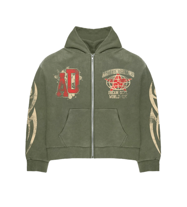 776173 Awoken Dreams Olive Varsity Zip Hoodie