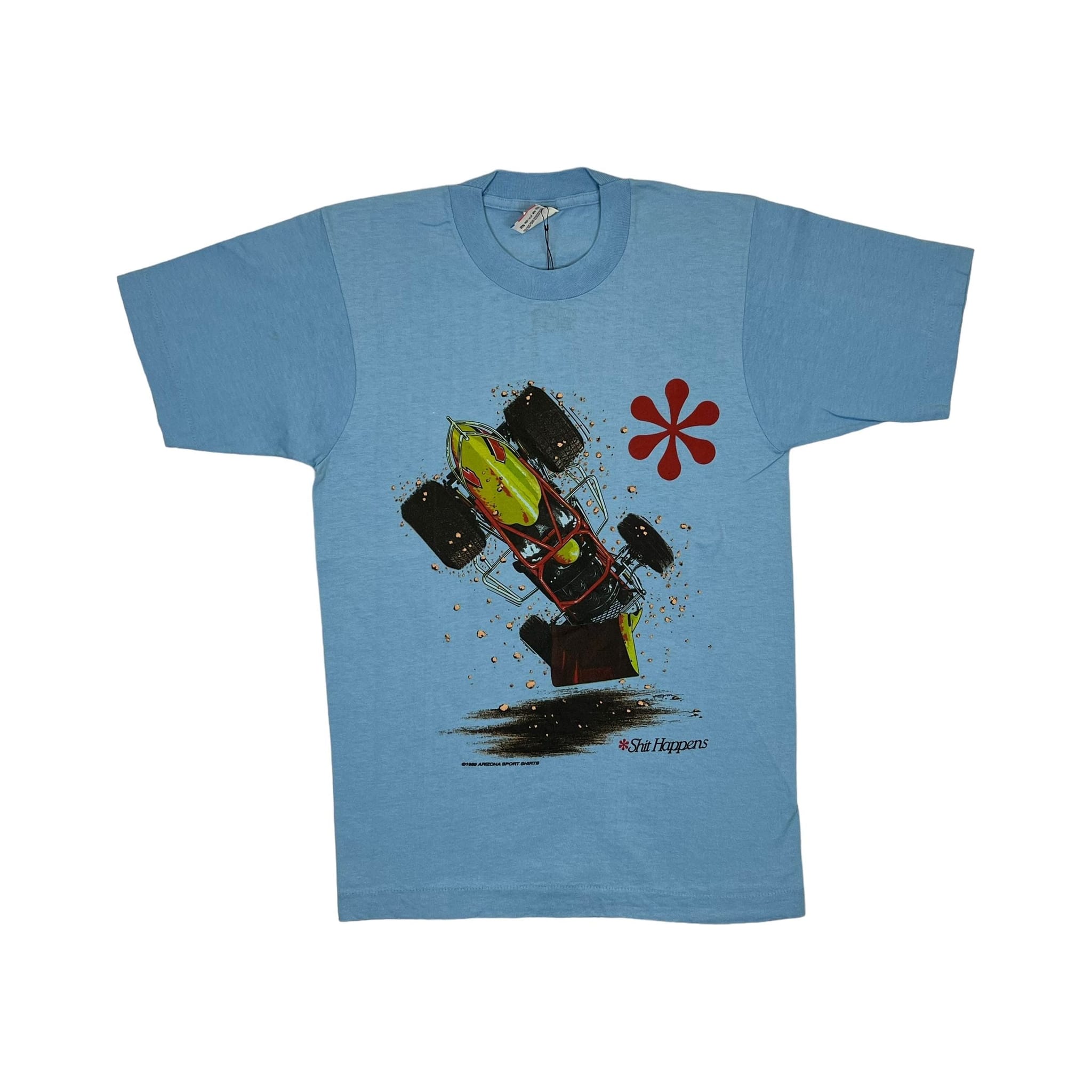 269043 (1990) Shit Happens, Sprint Car Racing Double Sided Baby Blue T-Shirt