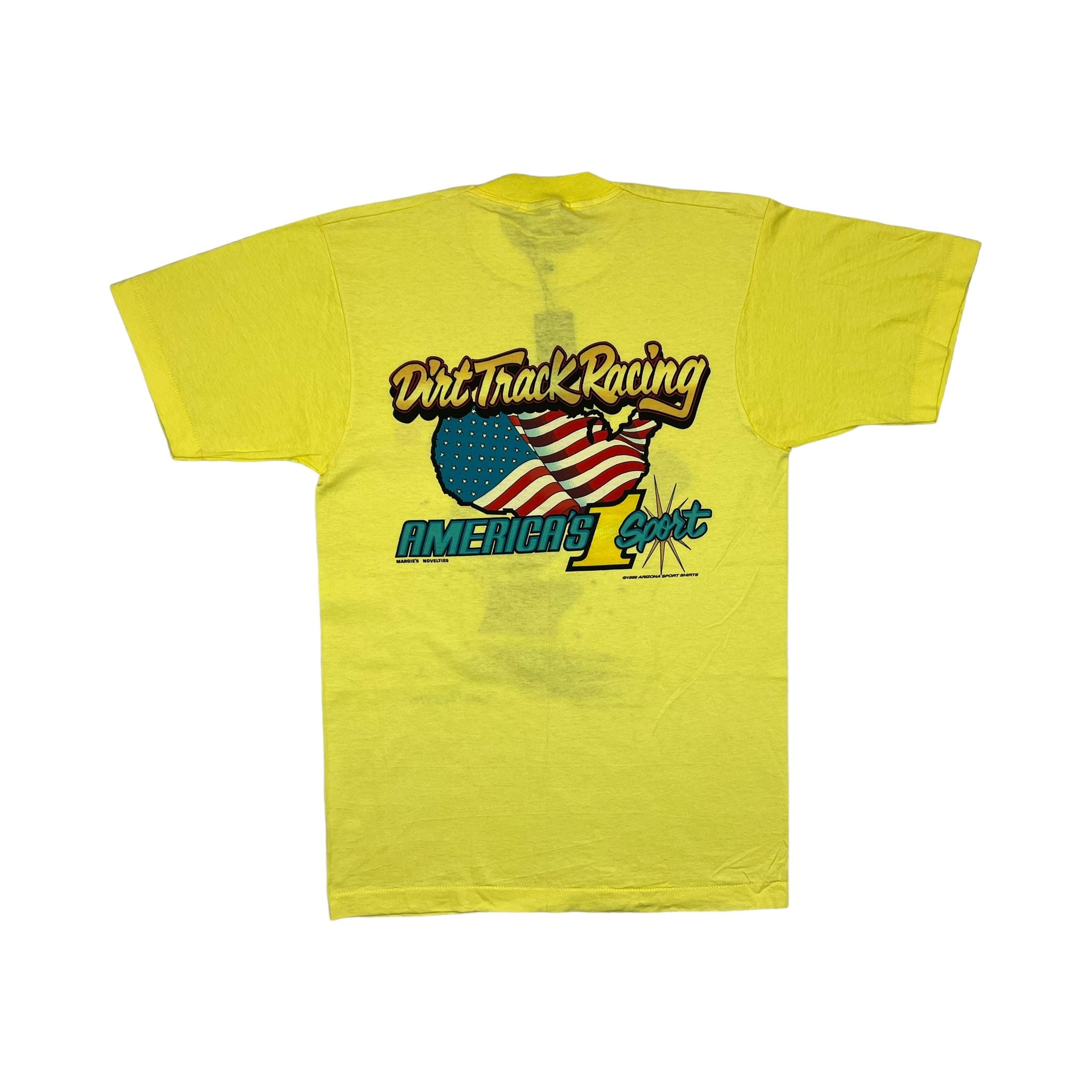 269028 (1990) Shit Happens, Sprint Car Racing Double Sided Yellow T-Shirt m