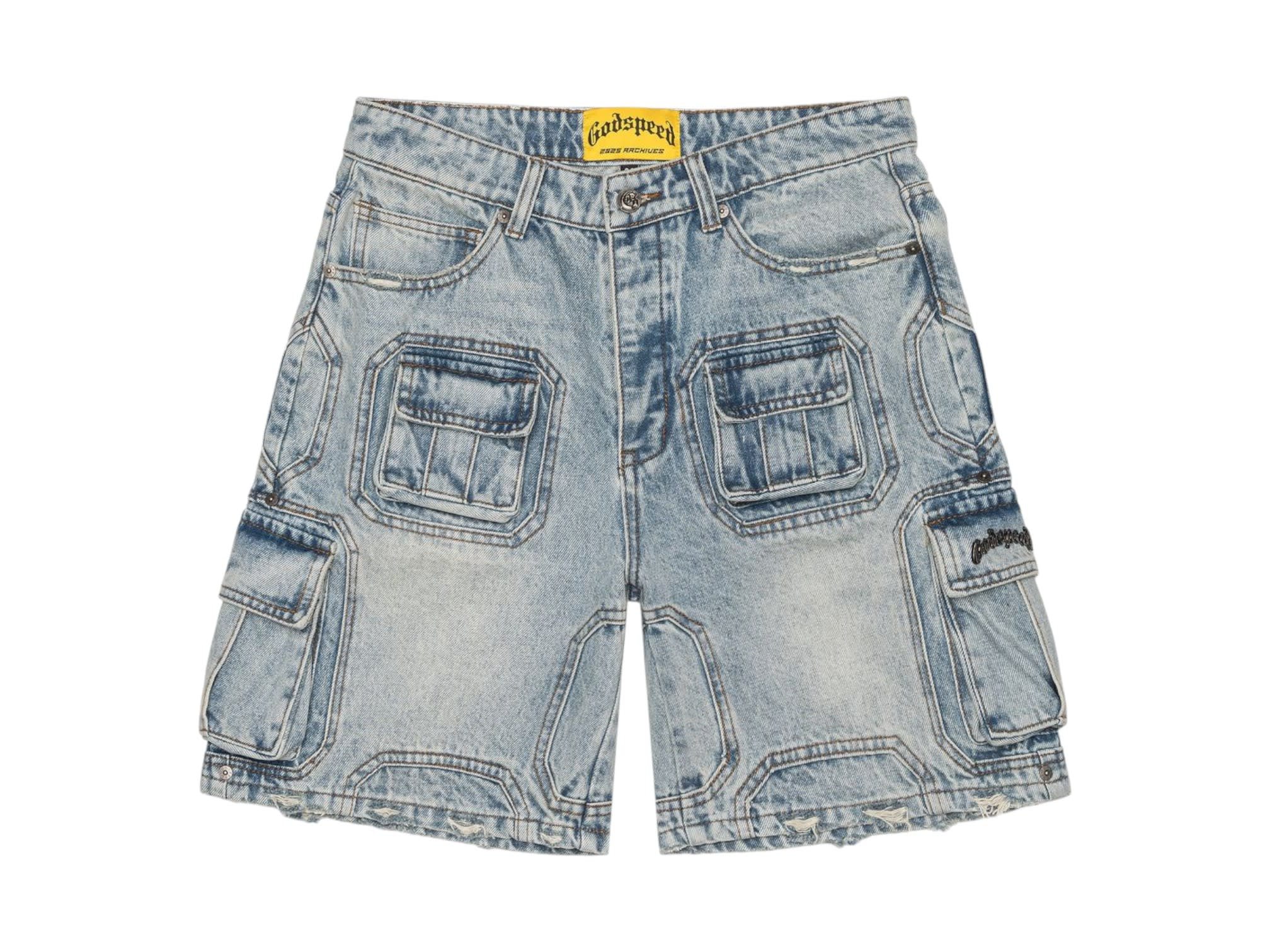 SP847 Godspeed Octagon Cargo Denim Shorts Blue