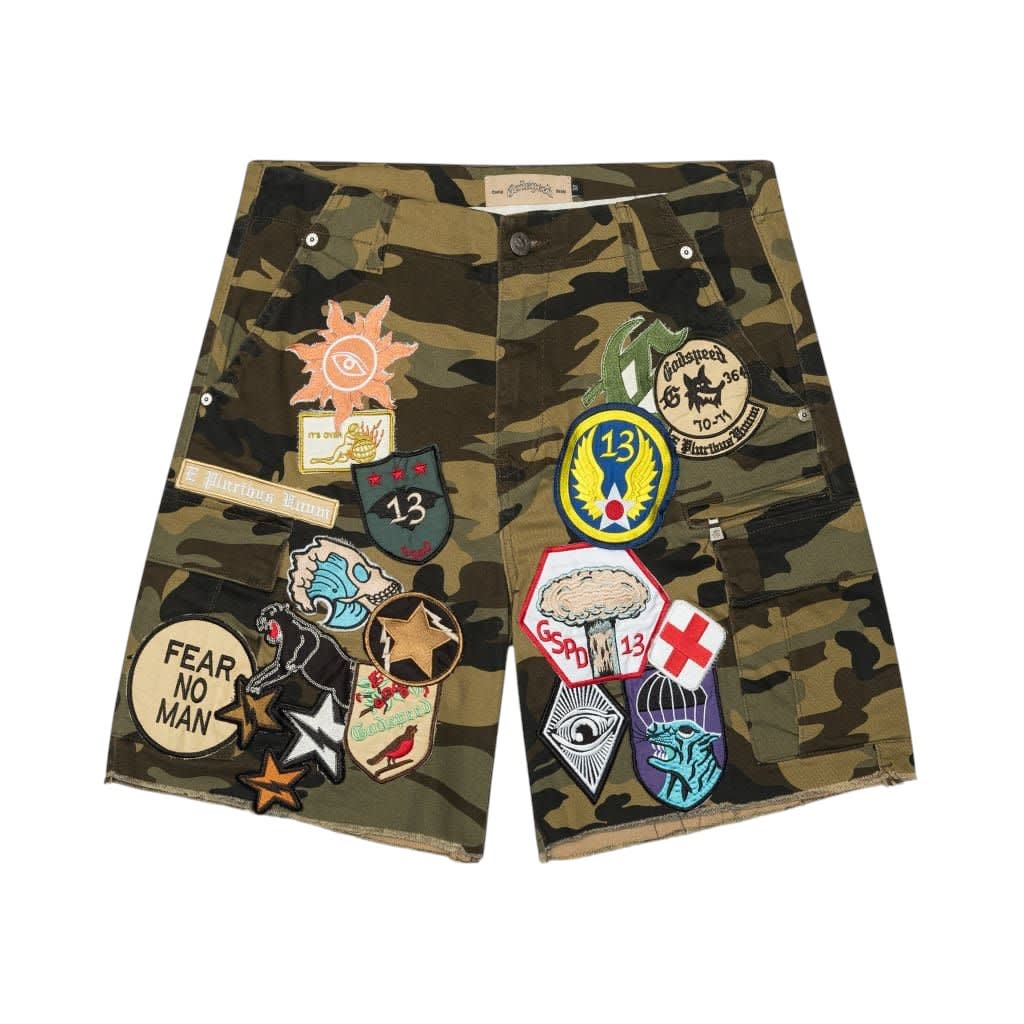 SP853 Godspeed Patchwork Cargo Shorts Camo